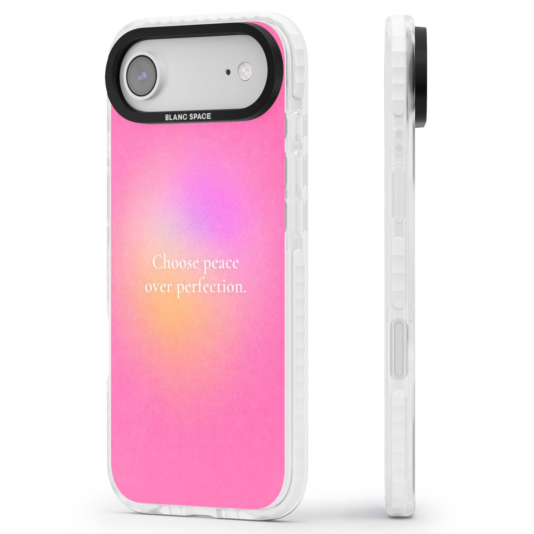 Peace Over Perfection quote iPhone case featuring a dreamy pink aura gradient and delicate white affirmation text | Black Impact case for iPhone Air