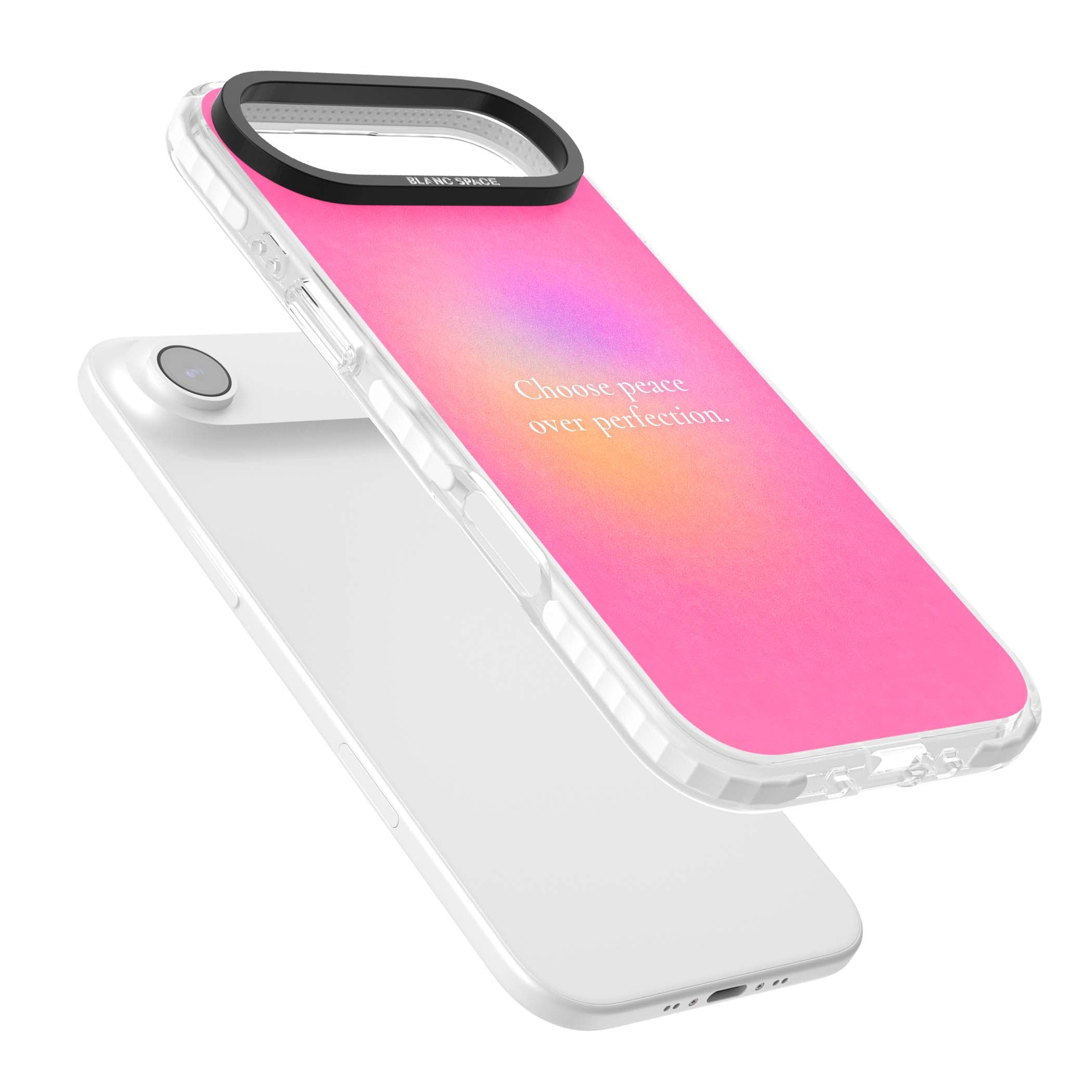 Peace Over Perfection quote iPhone case featuring a dreamy pink aura gradient and delicate white affirmation text | Black Impact case for iPhone Air