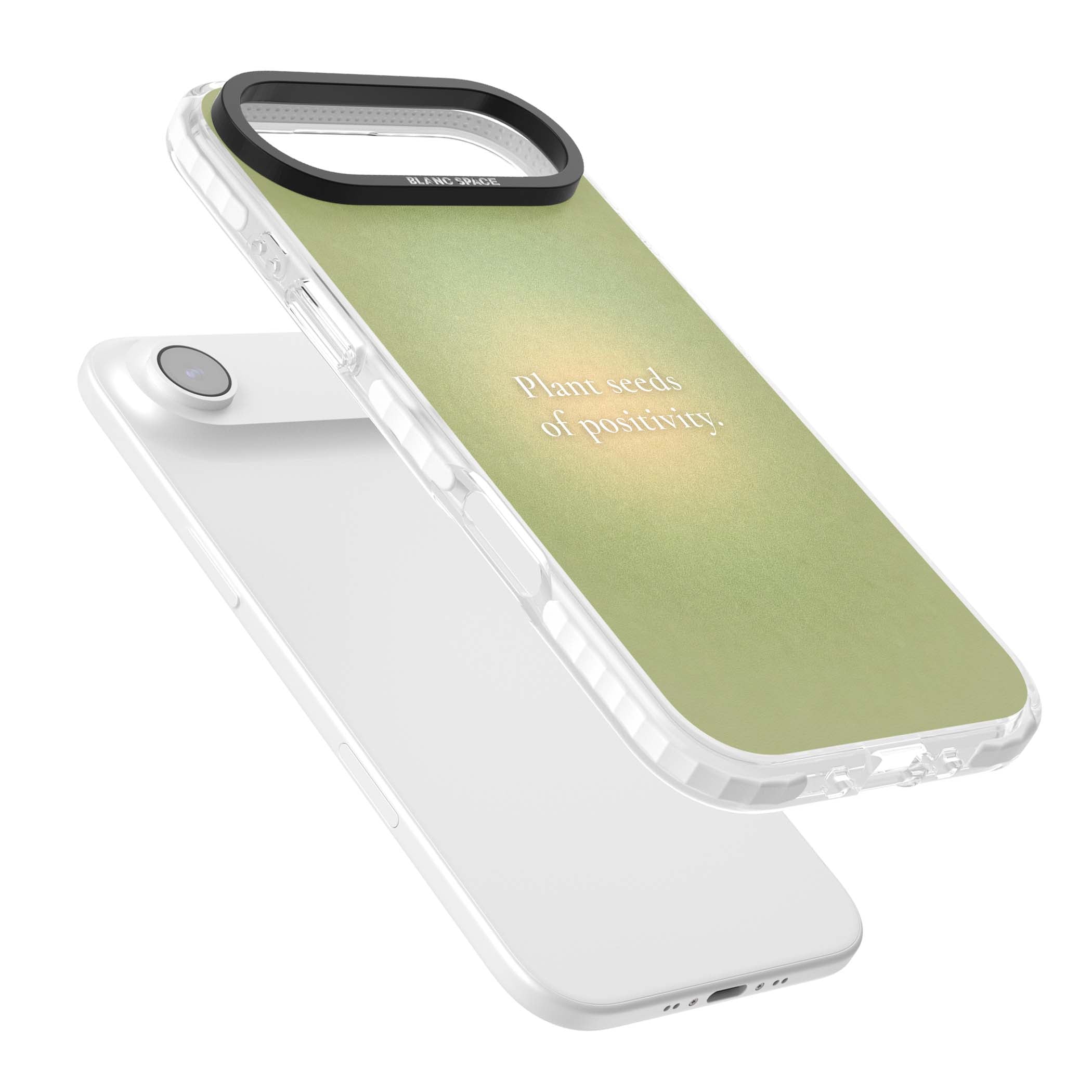 Seeds of Positivity quote iPhone case featuring a sage green aura gradient and golden glow affirmation | Black Impact case for iPhone Air