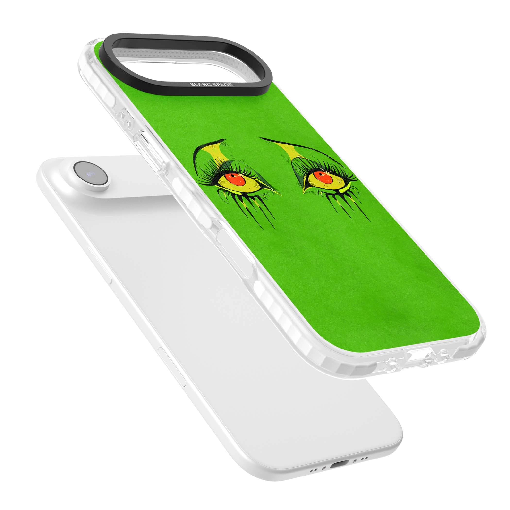 Green Enchanted Eyes psychedelic art iPhone case featuring hand-drawn dripping eyes on neon green background | Black Impact case for iPhone Air