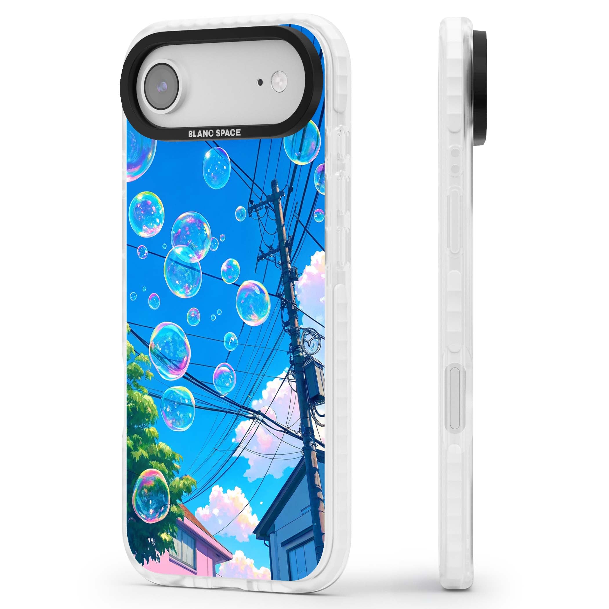 Suburban Bubbles anime iPhone case featuring iridescent soap bubbles, blue sky and Japanese telephone wires | Black Impact case for iPhone Air