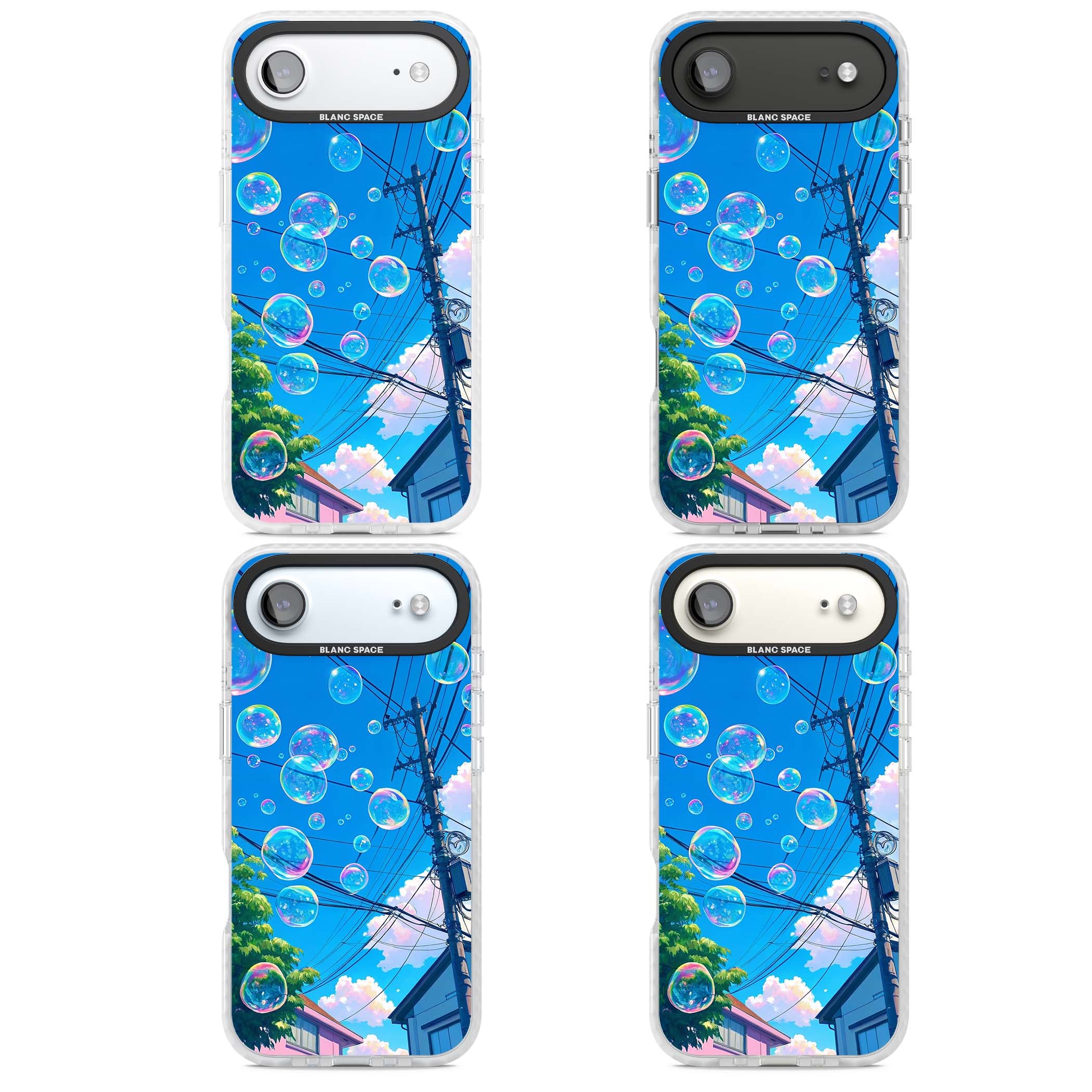 Suburban Bubbles anime iPhone case featuring iridescent soap bubbles, blue sky and Japanese telephone wires | Black Impact case for iPhone Air