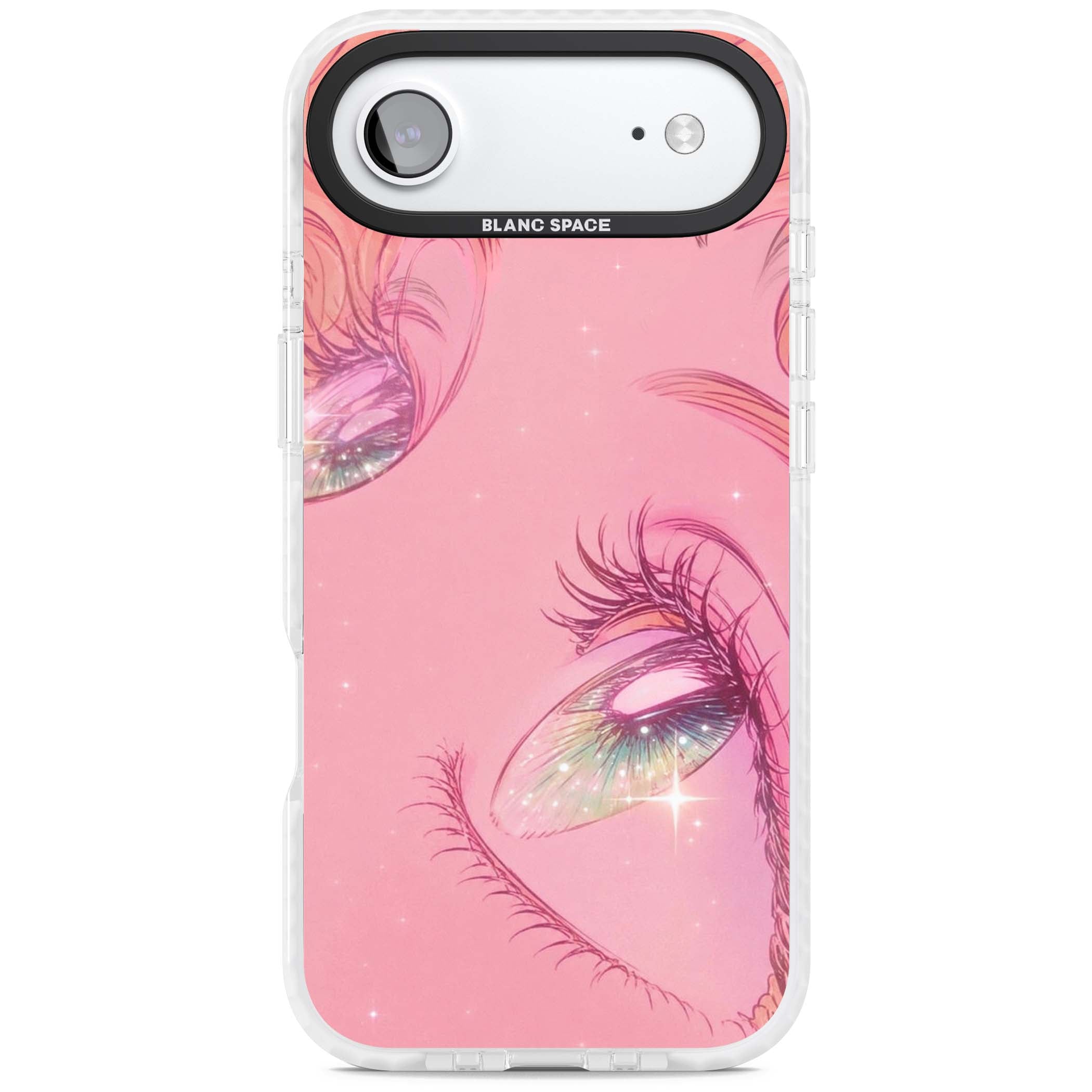 Pink Ethereal Gaze anime iPhone case featuring sparkling manga eyes, coral lashes and dreamy peach sky | Black Impact case for iPhone Air