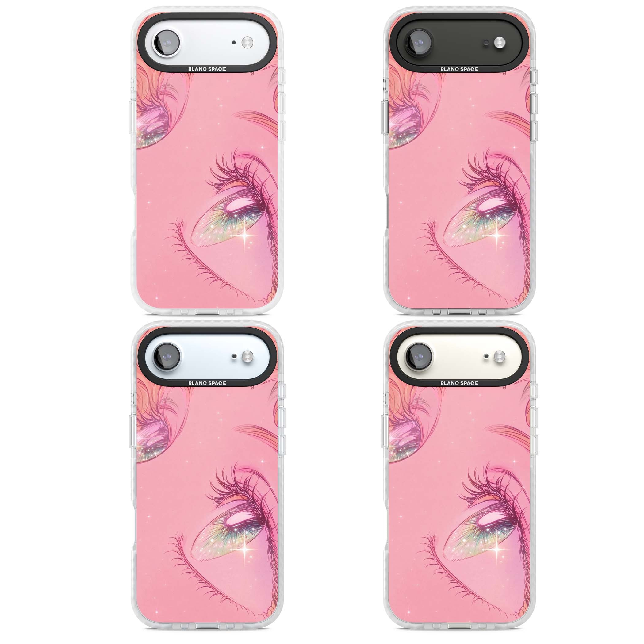 Pink Ethereal Gaze anime iPhone case featuring sparkling manga eyes, coral lashes and dreamy peach sky | Black Impact case for iPhone Air