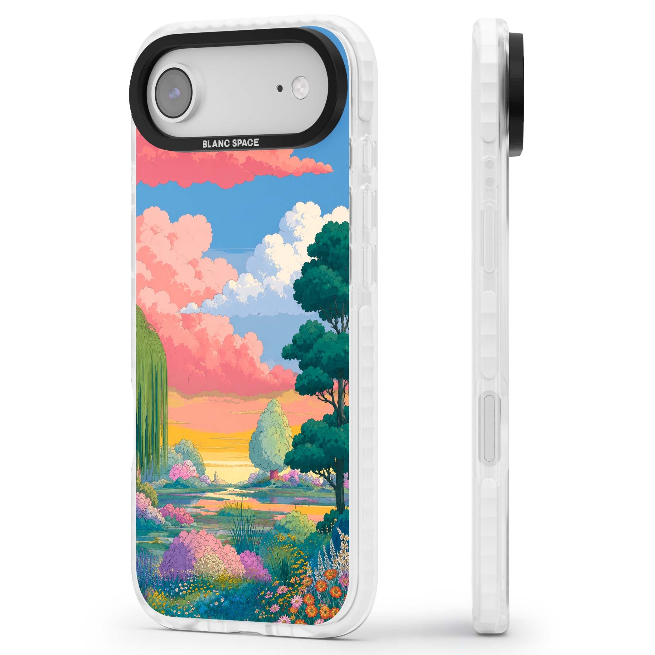 Dream Valley anime landscape iPhone case featuring pink sunset clouds, willow trees and wildflowers | Black Impact case for iPhone Air