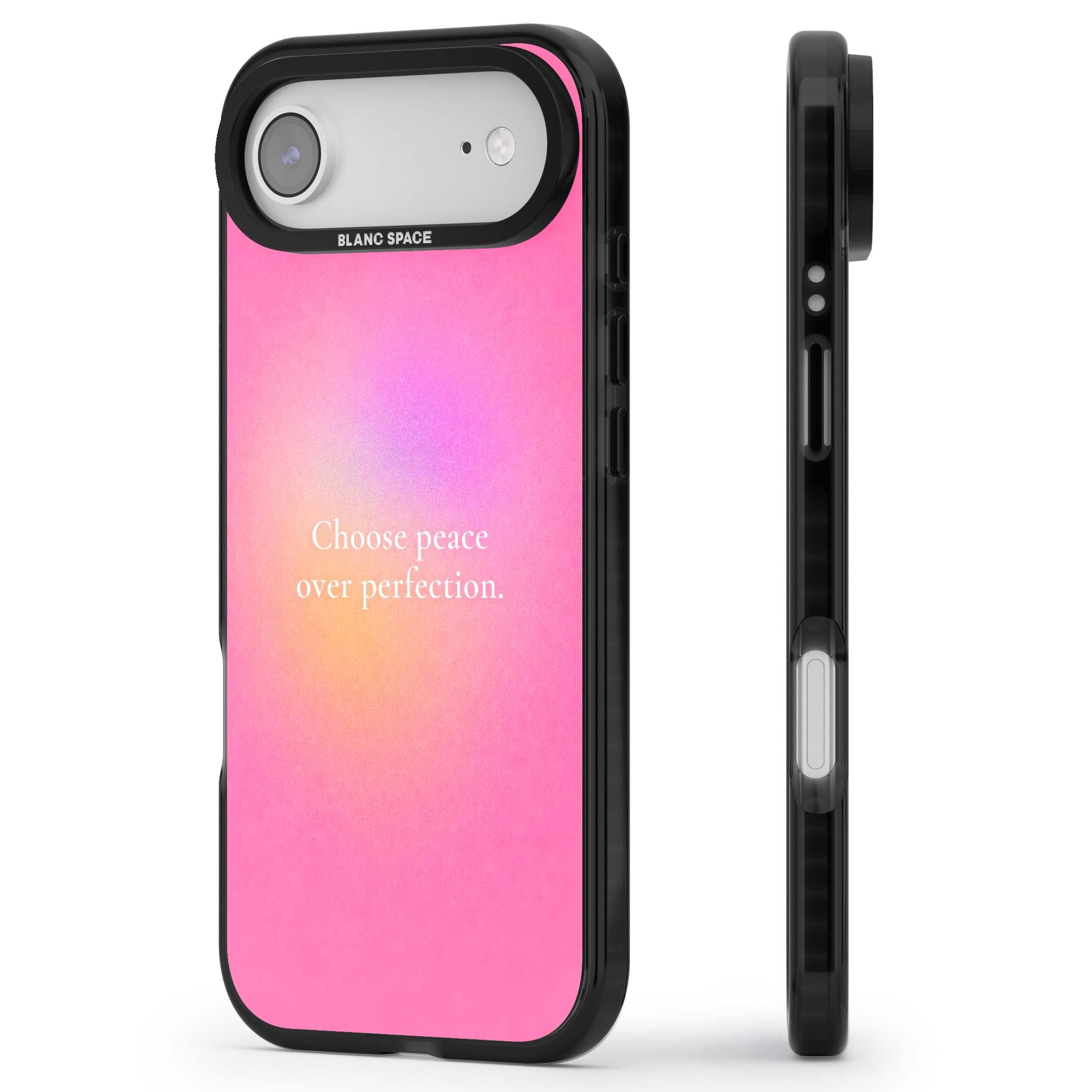 Peace Over Perfection quote iPhone case featuring a dreamy pink aura gradient and delicate white affirmation text | Clear Impact case for iPhone Air
