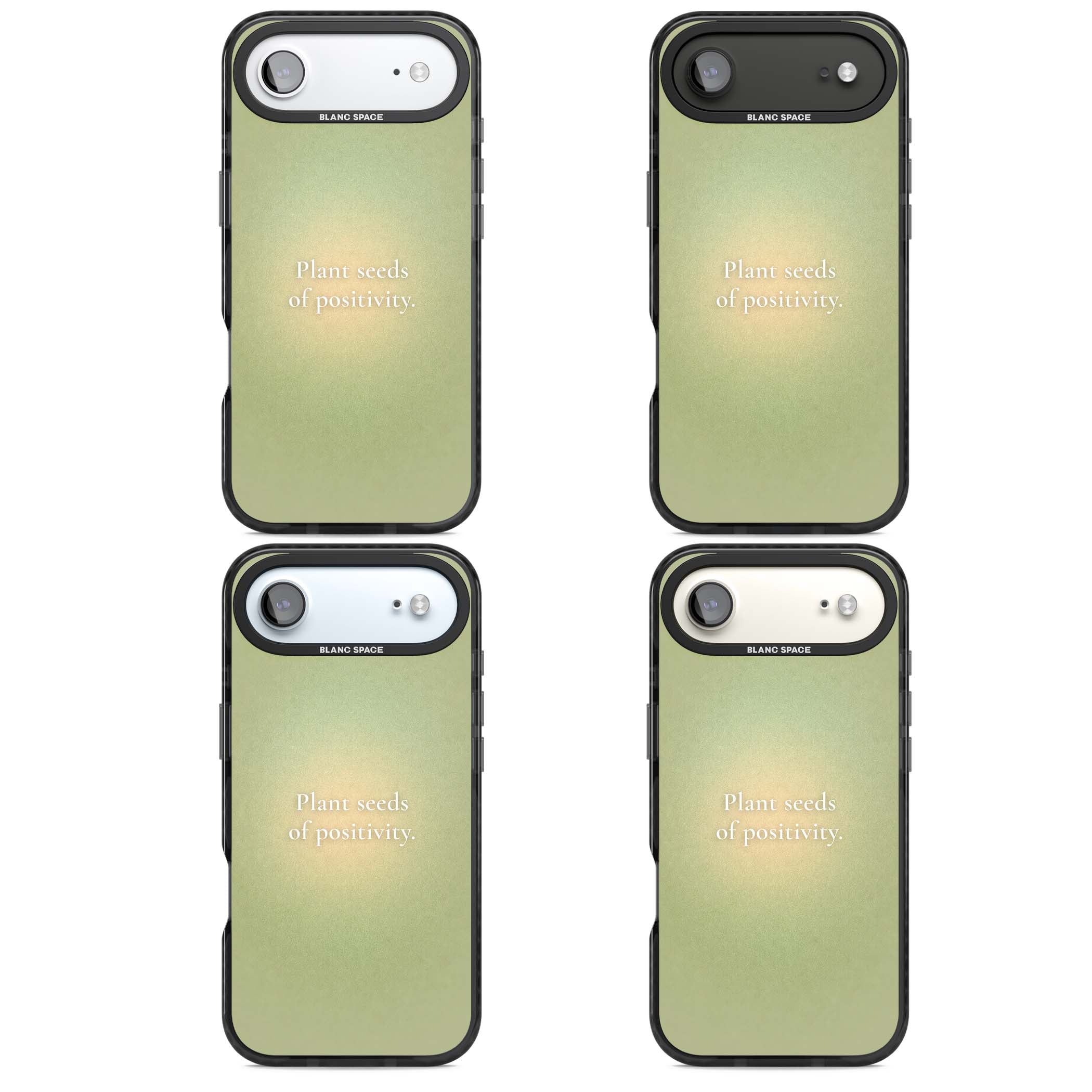 Seeds of Positivity quote iPhone case featuring a sage green aura gradient and golden glow affirmation | Clear Impact case for iPhone Air