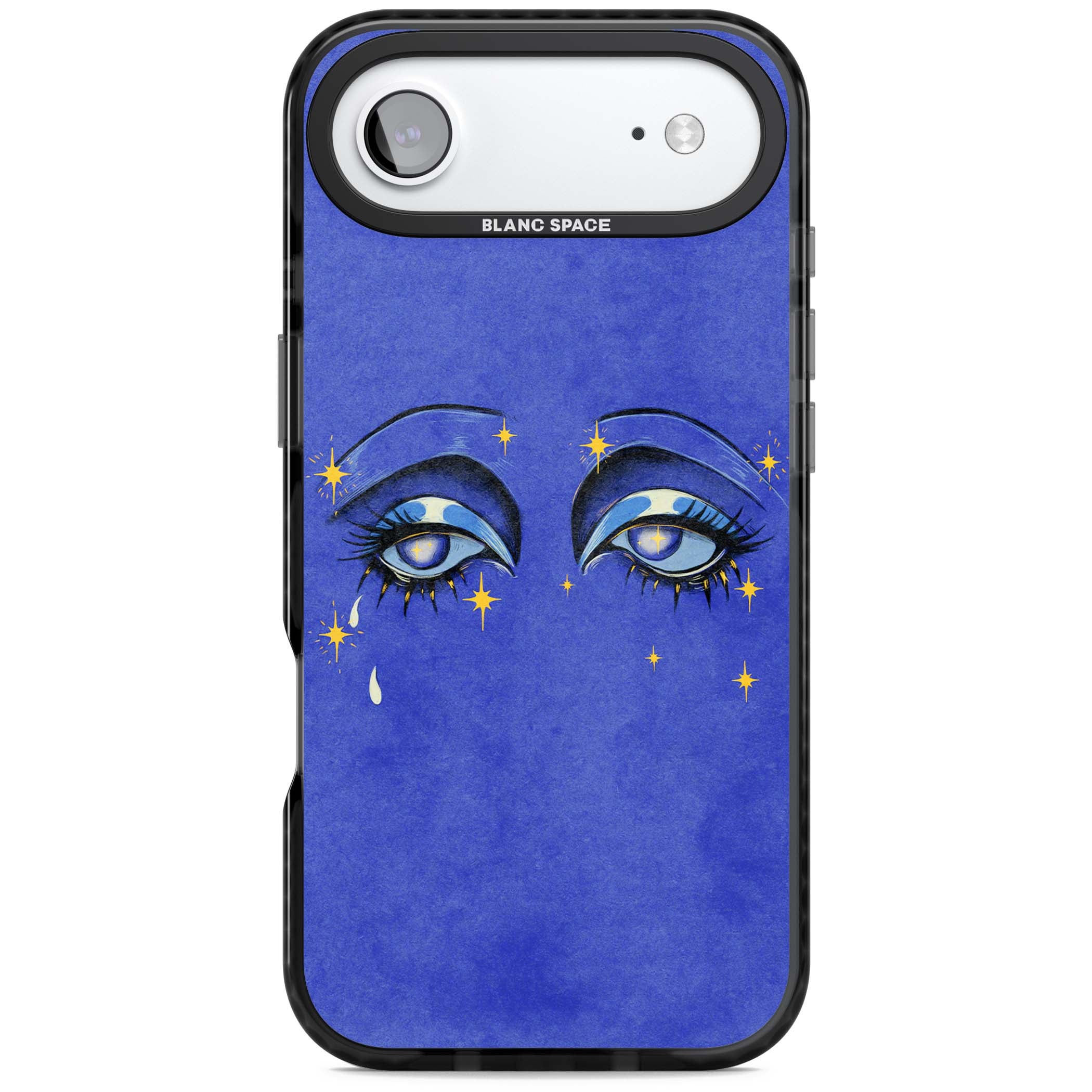 Blue Mystic Eyes celestial iPhone case featuring hand drawn blue mystical eyes, golden stars and a painted tear on indigo | Clear Impact case for iPhone Air
