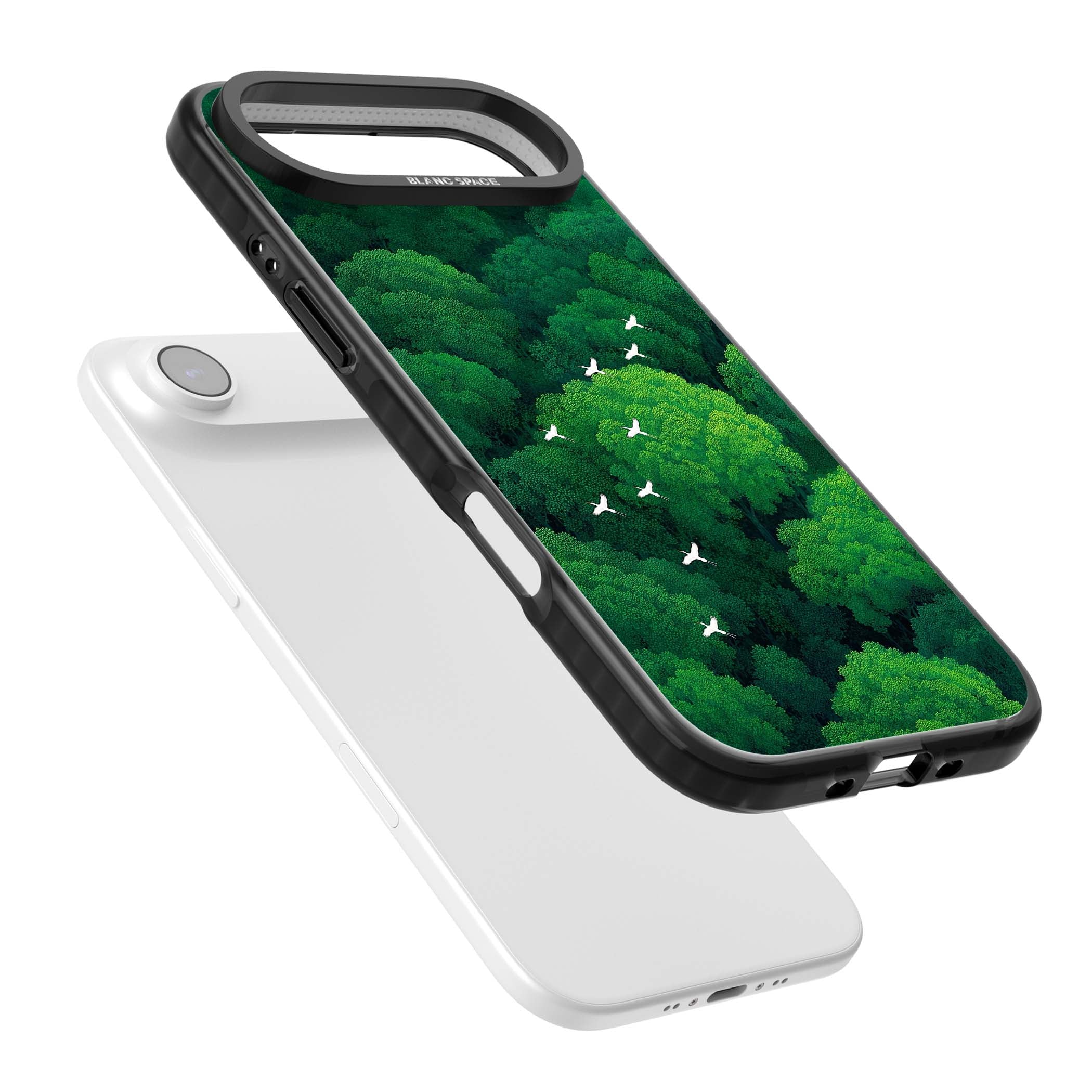 Grove Migration forest iPhone case featuring white cranes flying over lush green treetop canopy | Clear Impact case for iPhone Air