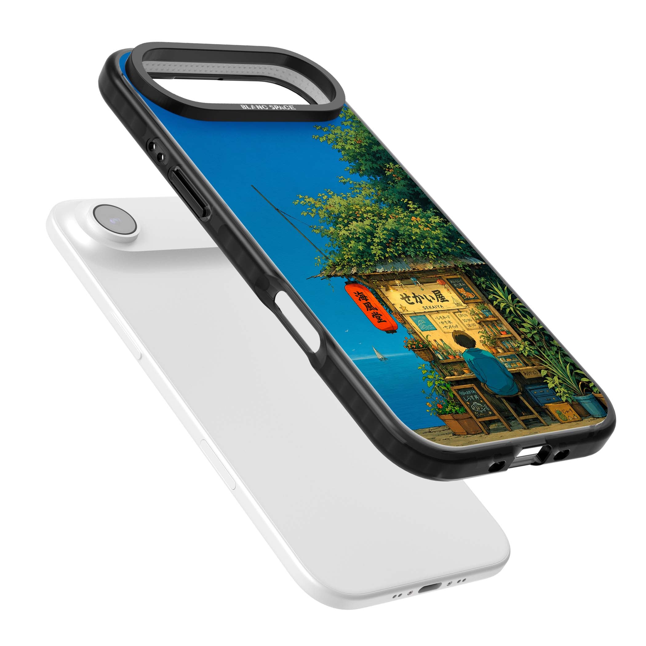 The Shirahama Kiosk anime iPhone case featuring a Japanese seaside shop, red paper lantern and ocean view | Clear Impact case for iPhone Air
