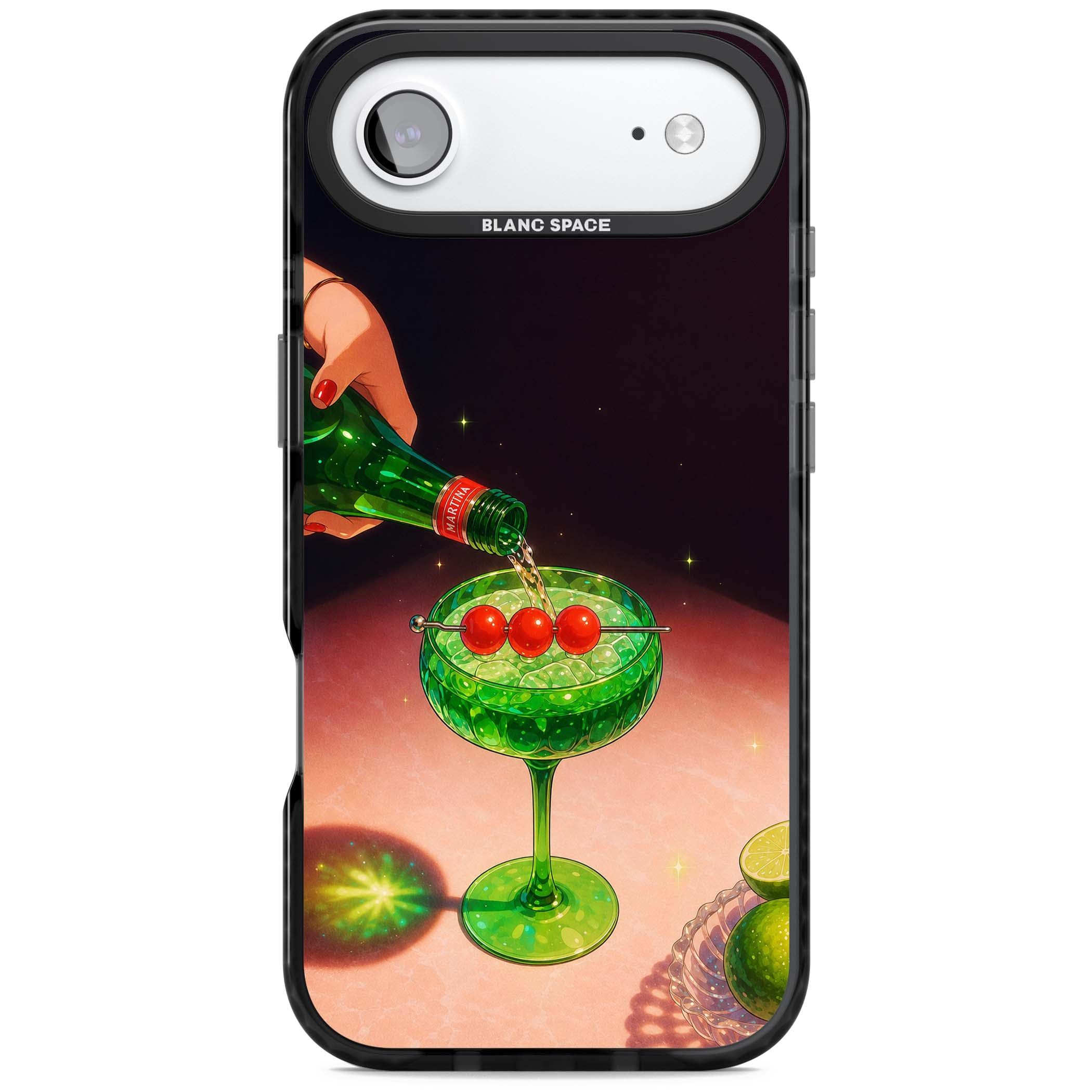 Absinthe Hour cocktail iPhone case featuring a green coupe glass, cherry garnish and vintage bottle pour illustration | Clear Impact case for iPhone Air