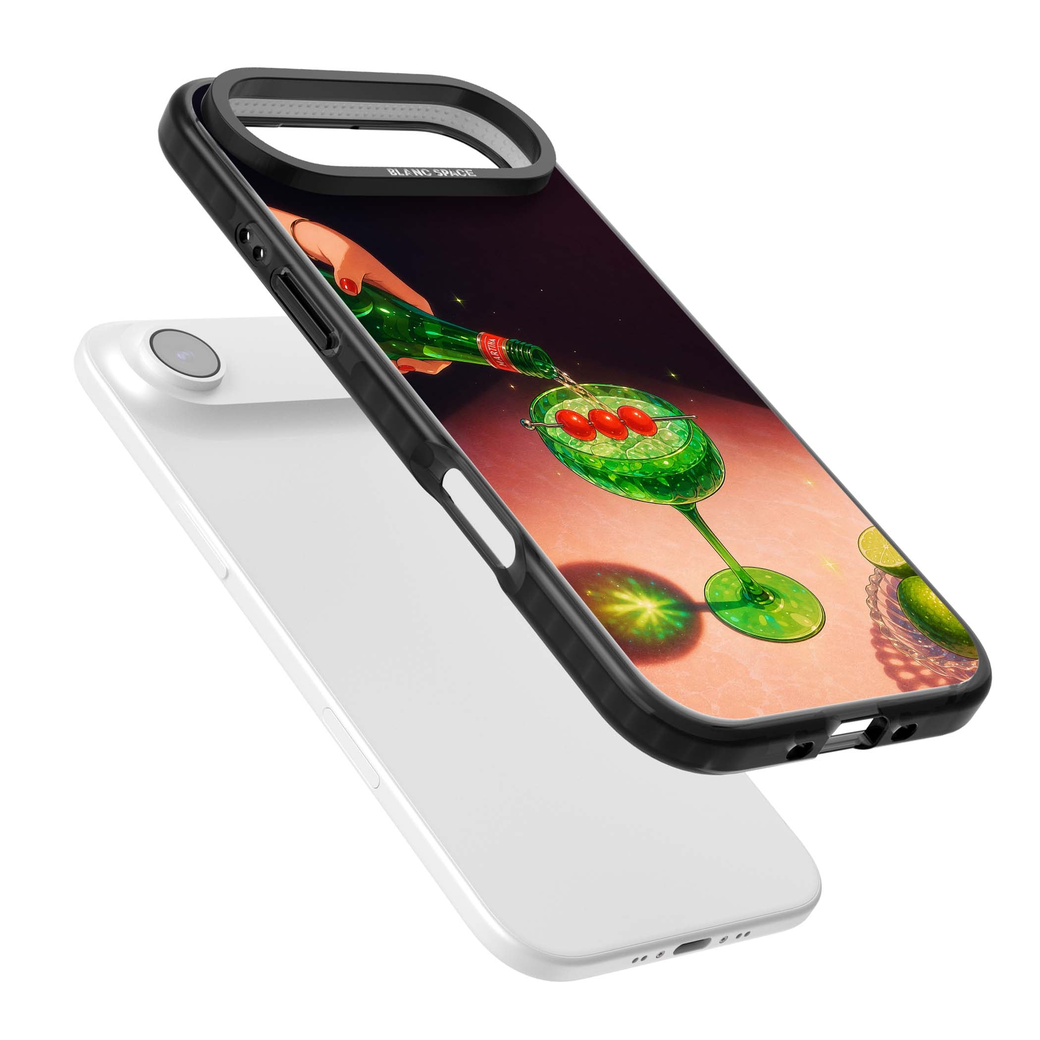 Absinthe Hour cocktail iPhone case featuring a green coupe glass, cherry garnish and vintage bottle pour illustration | Clear Impact case for iPhone Air