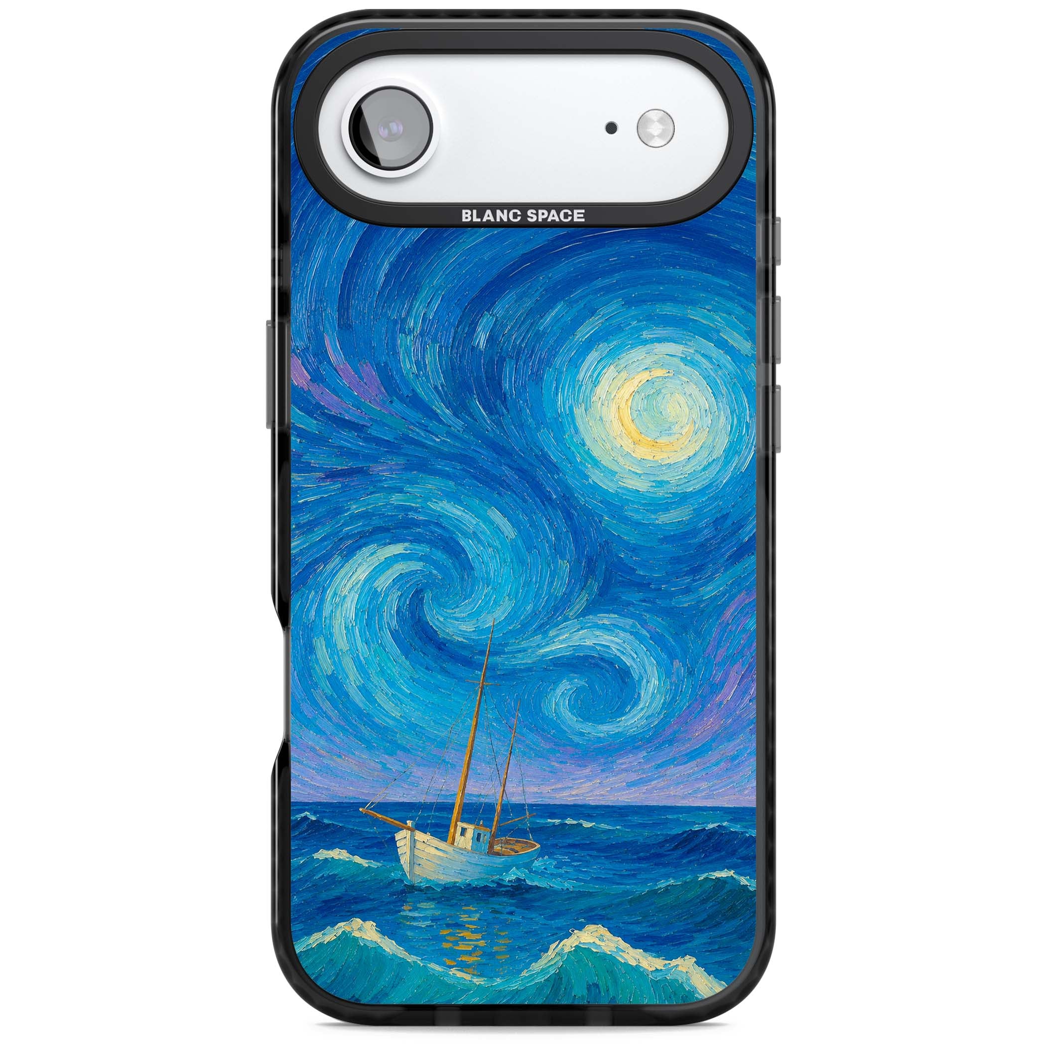 Moonlit Tide Van Gogh art iPhone case featuring swirling starry night sky, glowing moon and lone sailing boat at sea | Clear Impact case for iPhone Air