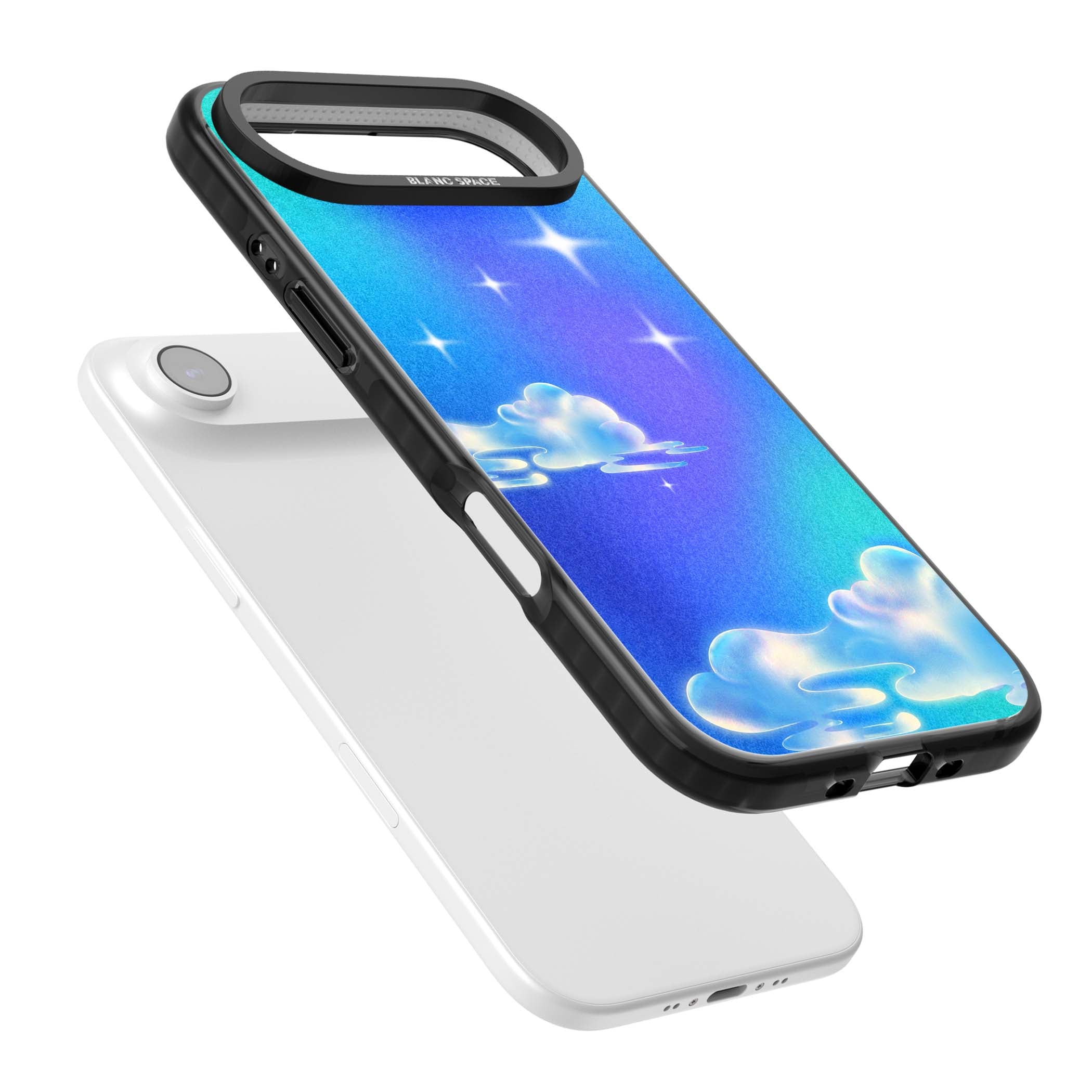 Aurora celestial iPhone case featuring dreamy iridescent clouds, sparkling stars and pastel blue purple sky | Clear Impact case for iPhone Air