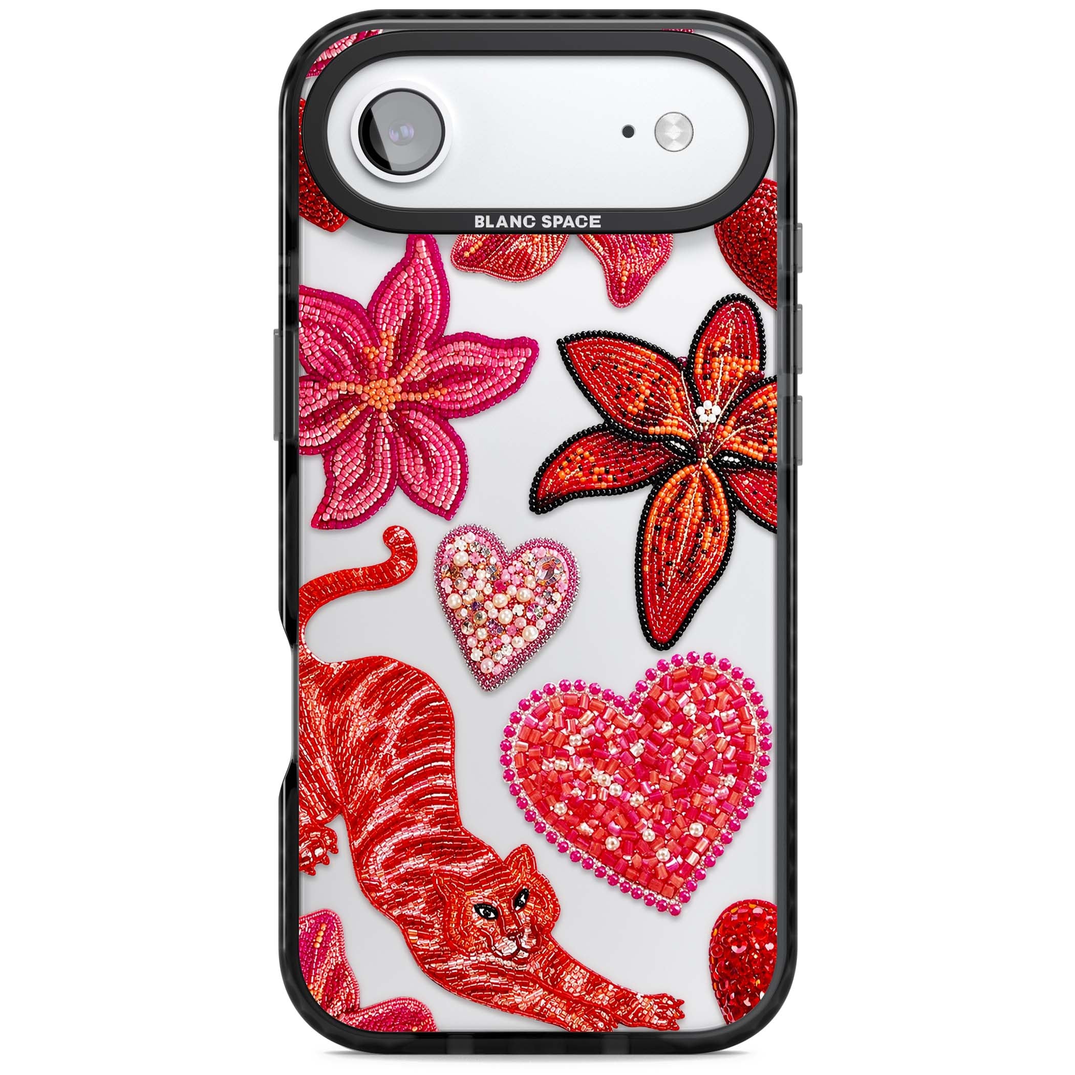 Beaded Boho floral iPhone case featuring beaded red lilies, a stitched tiger, and pearl-encrusted hearts on clear | Clear Impact case for iPhone Air
