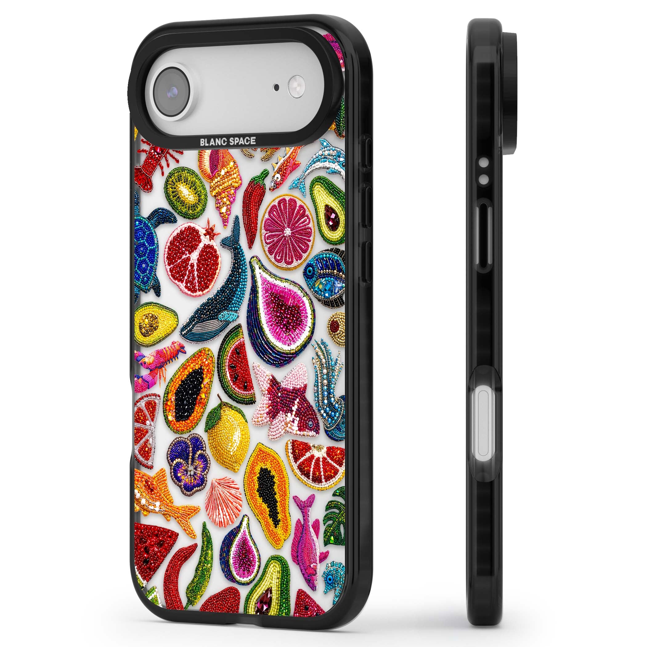 Beaded Tropic tropical iPhone case featuring beaded fruit, fish, crabs and seashells in vibrant colour | Clear Impact case for iPhone Air