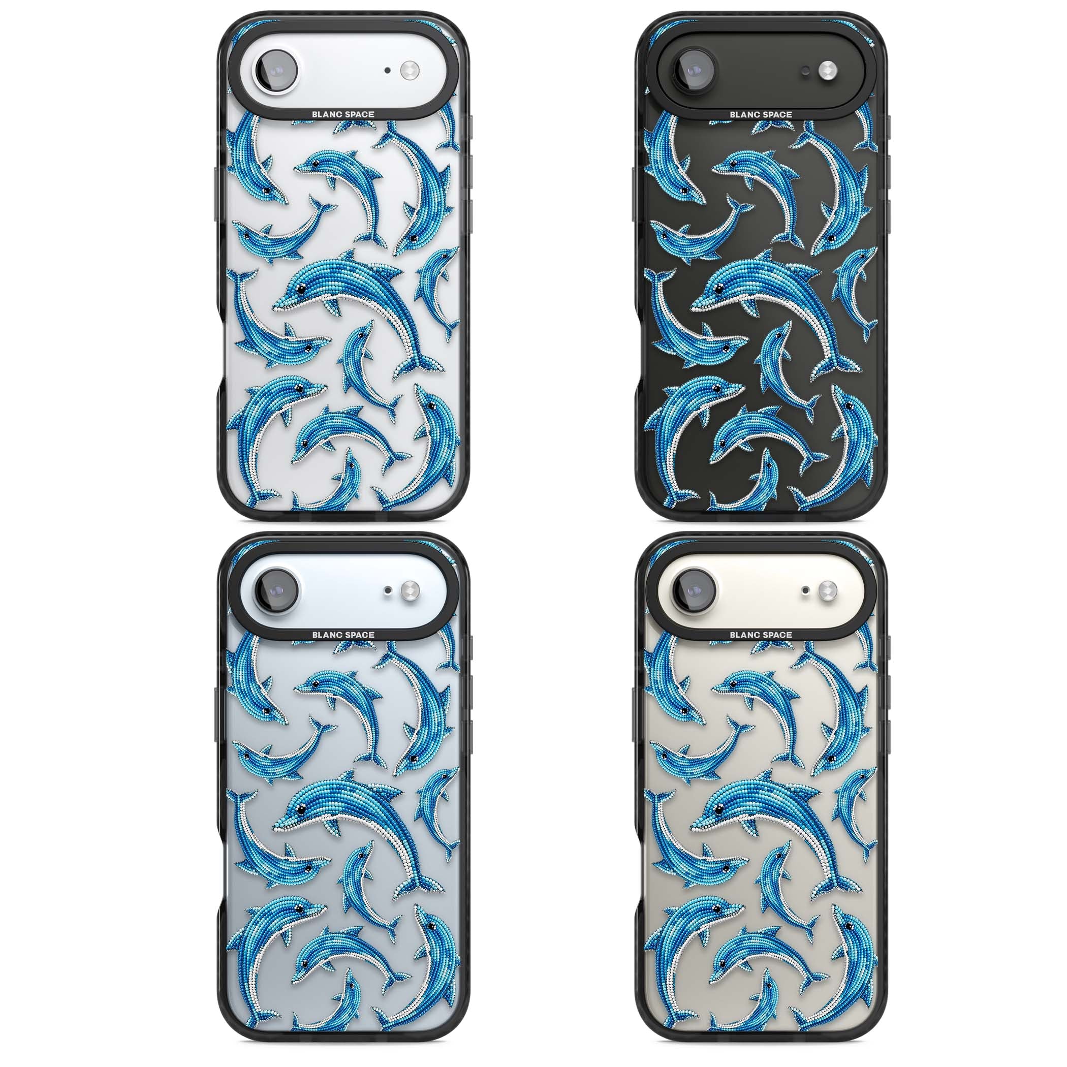 Beaded Dolphins coastal iPhone case featuring beaded dolphins in blue and white swimming across a clear background | Clear Impact case for iPhone Air