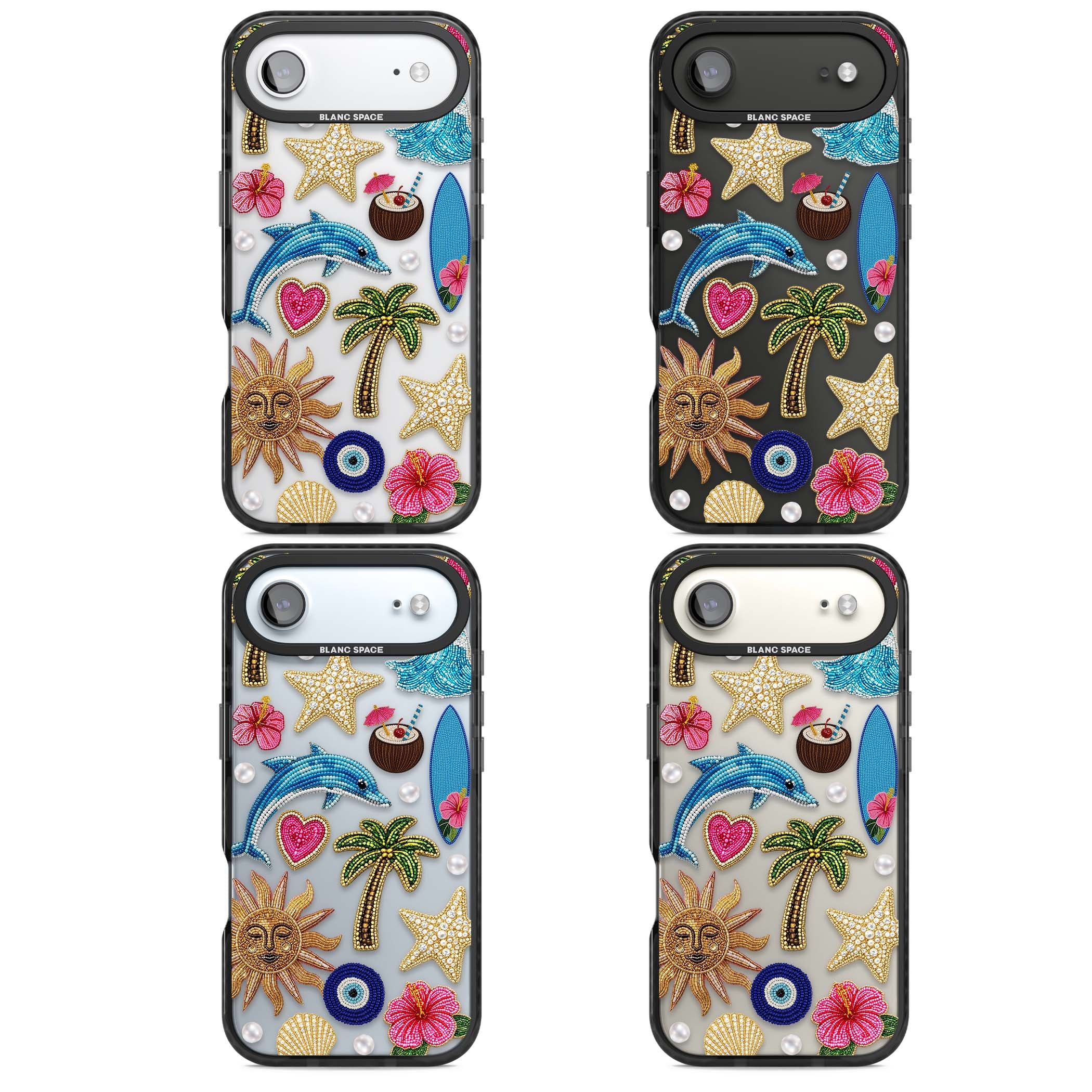 Beaded Beach coastal summer iPhone case featuring embroidered evil eye, hibiscus flowers, dolphin and palm tree patches | Clear Impact case for iPhone Air