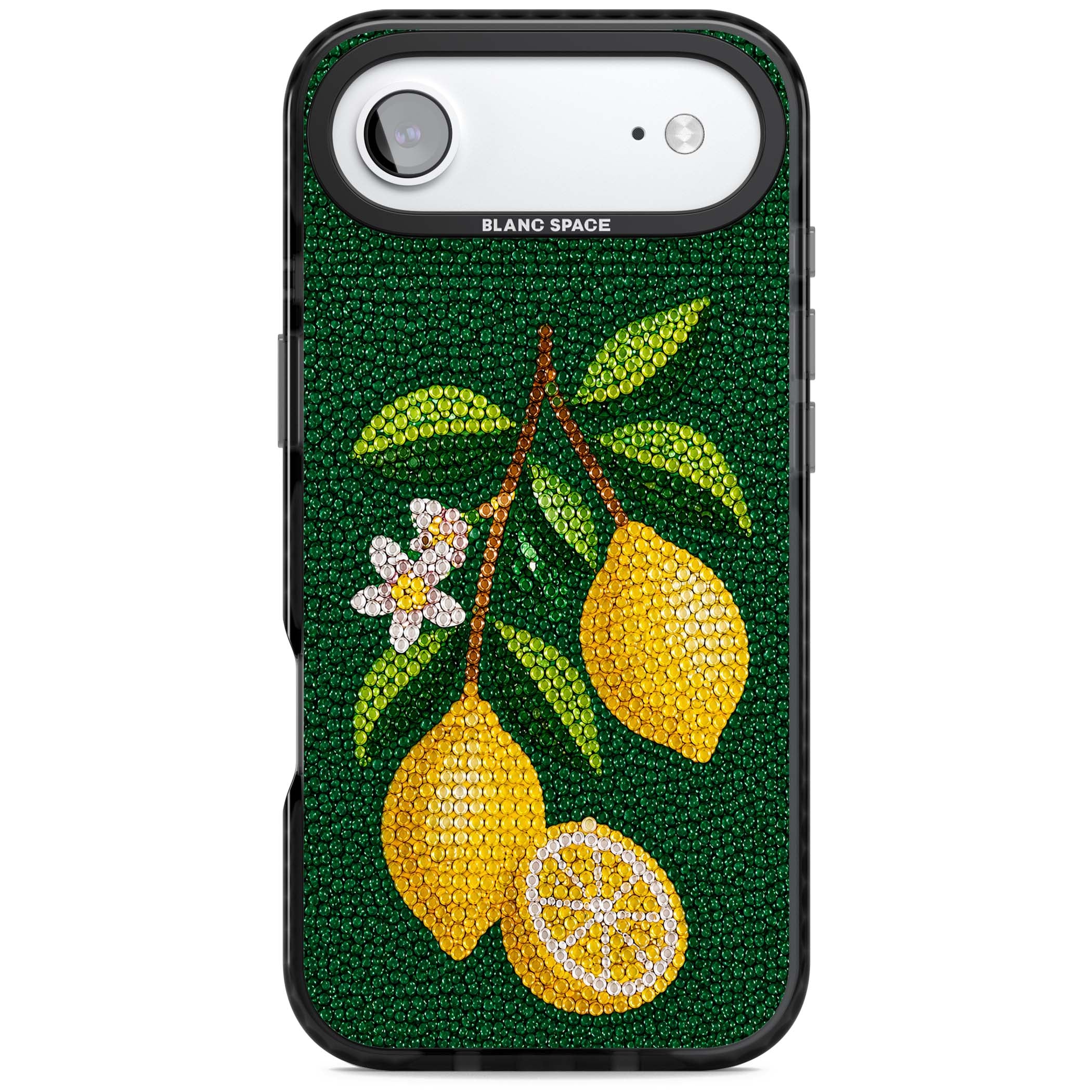 Beaded Lemons coastal iPhone case featuring crystal-beaded lemons, citrus blossom and green leaves on emerald ground | Clear Impact case for iPhone Air