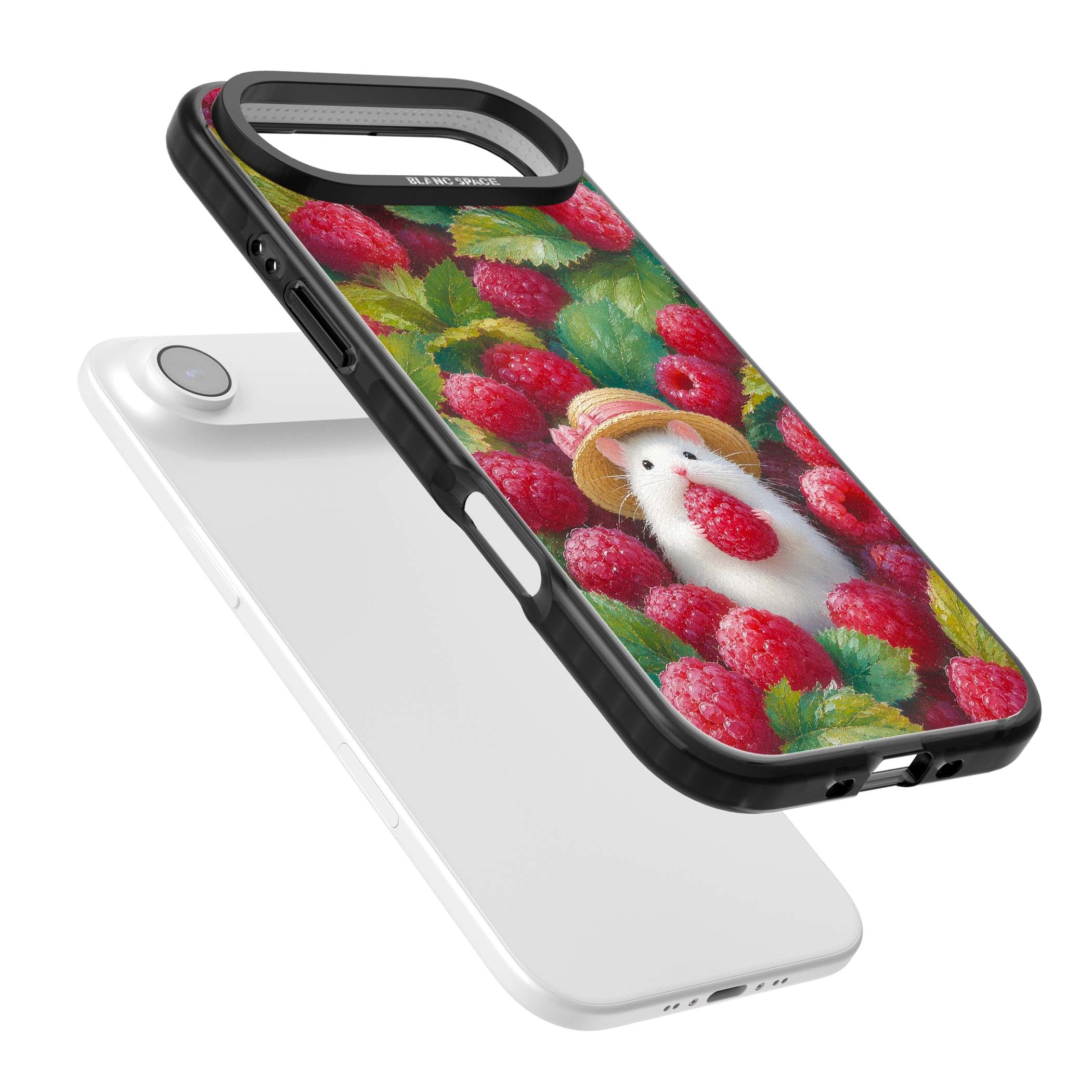 Berry Forager cottagecore iPhone case featuring a white hamster in a straw hat holding a raspberry surrounded by ripe ber | Clear Impact case for iPhone Air