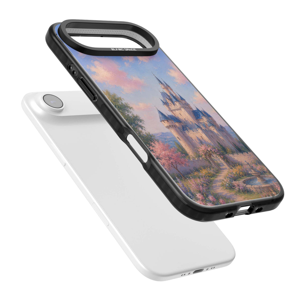 Enchanted Kingdom fairytale iPhone case featuring a romantic castle painting with cherry blossoms and pastel pink sky | Clear Impact case for iPhone Air