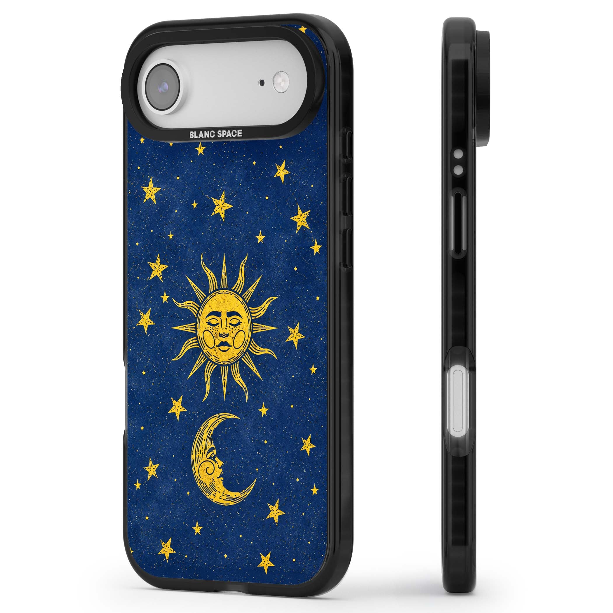 Sun & Moon Reverie celestial iPhone case featuring a vintage golden sun, crescent moon and scattered stars on midnight blue | Clear Impact case for iPhone Air