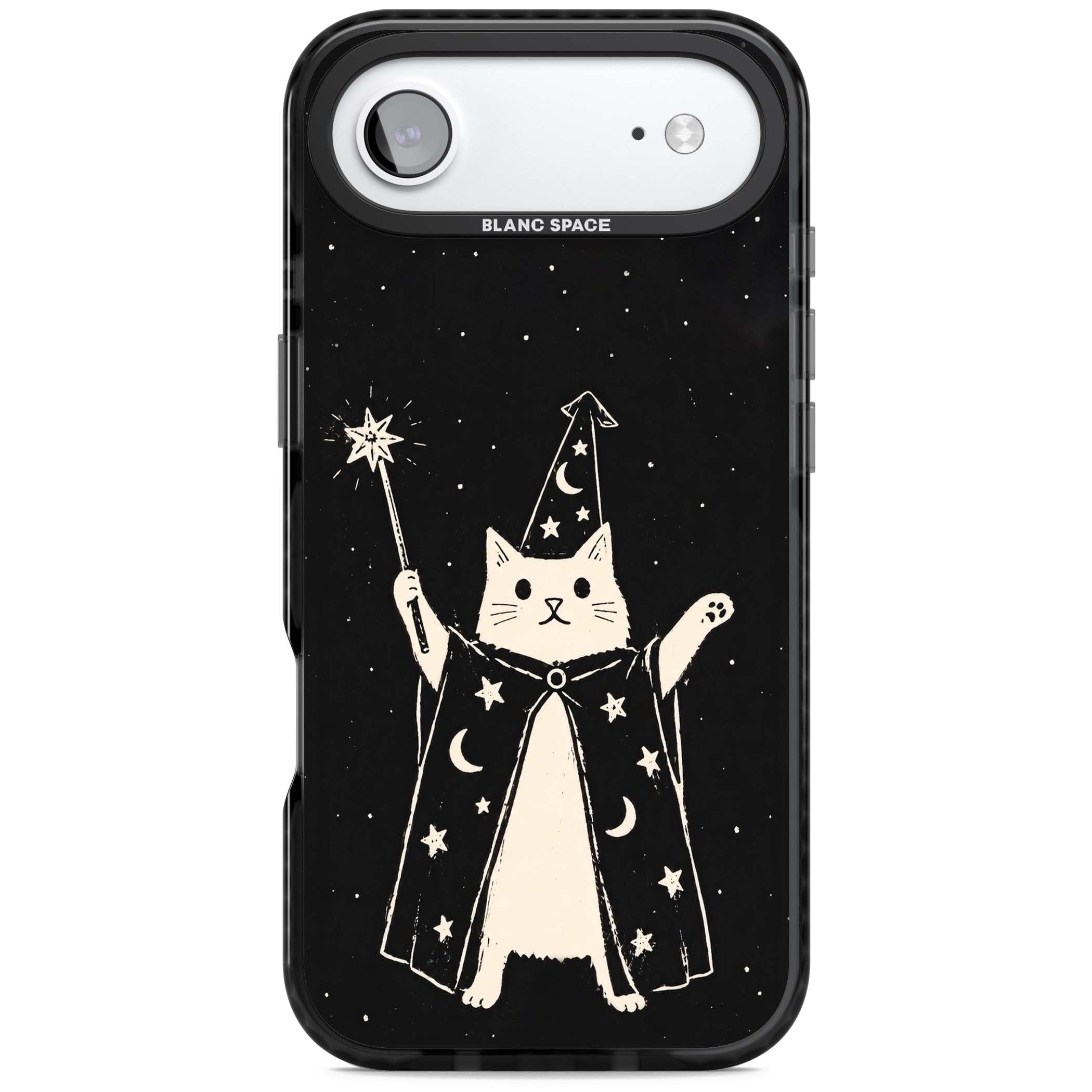 Whisker Wizard celestial cat iPhone case featuring a wizard cat with magic wand, starry night sky and crescent moons | Clear Impact case for iPhone Air