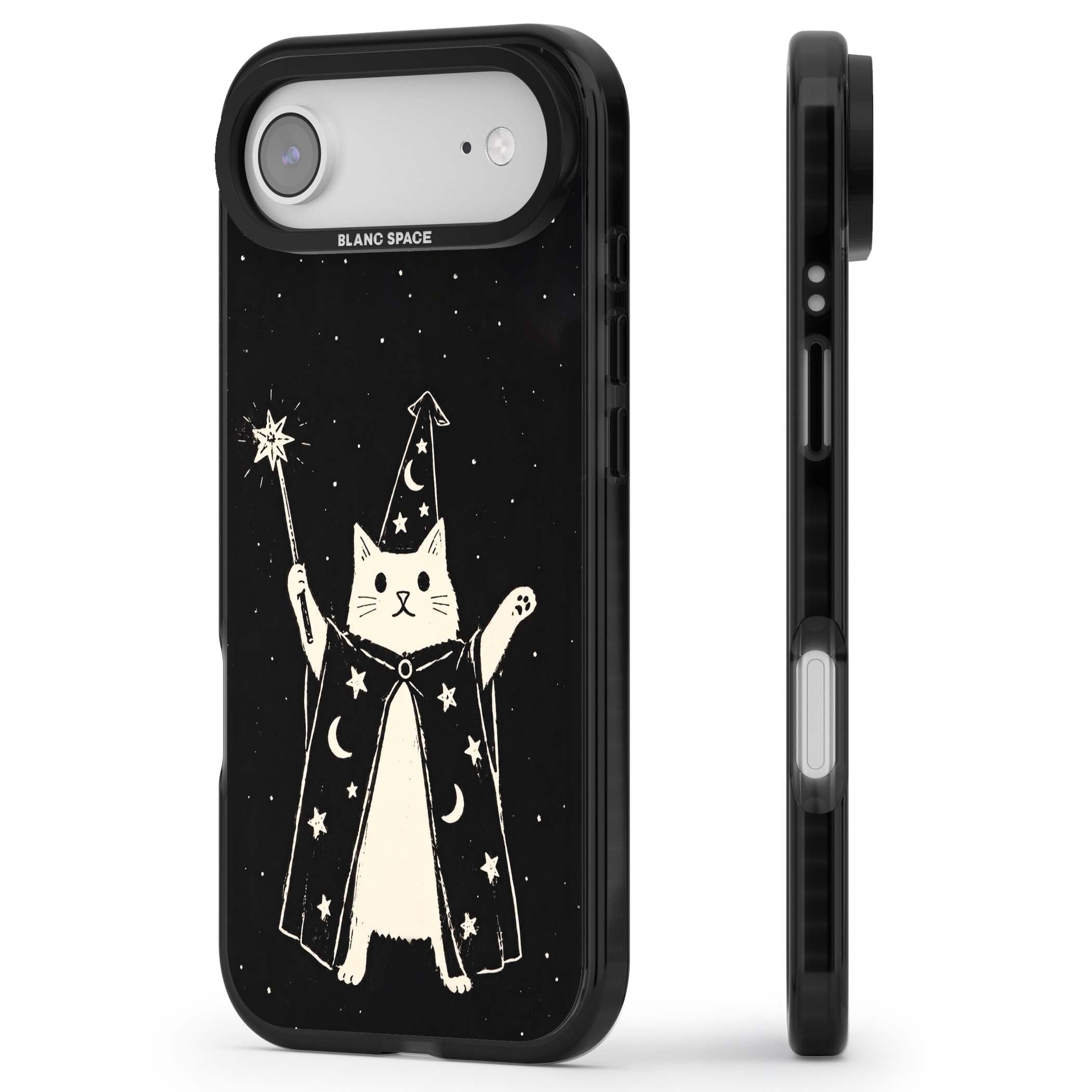 Whisker Wizard celestial cat iPhone case featuring a wizard cat with magic wand, starry night sky and crescent moons | Clear Impact case for iPhone Air