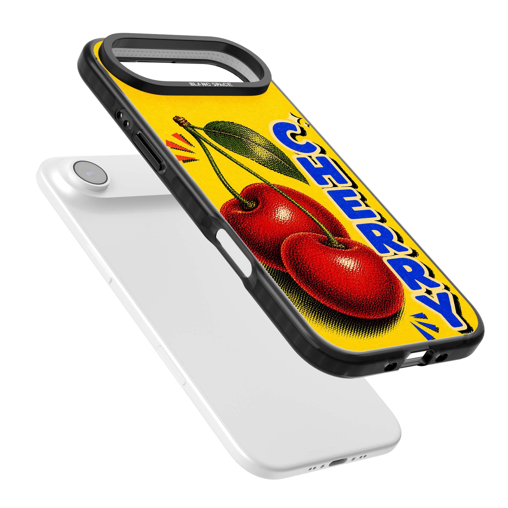 Cherry Yellow y2k iPhone case featuring two red cherries, halftone shading and bold blue CHERRY lettering on yellow | Clear Impact case for iPhone Air