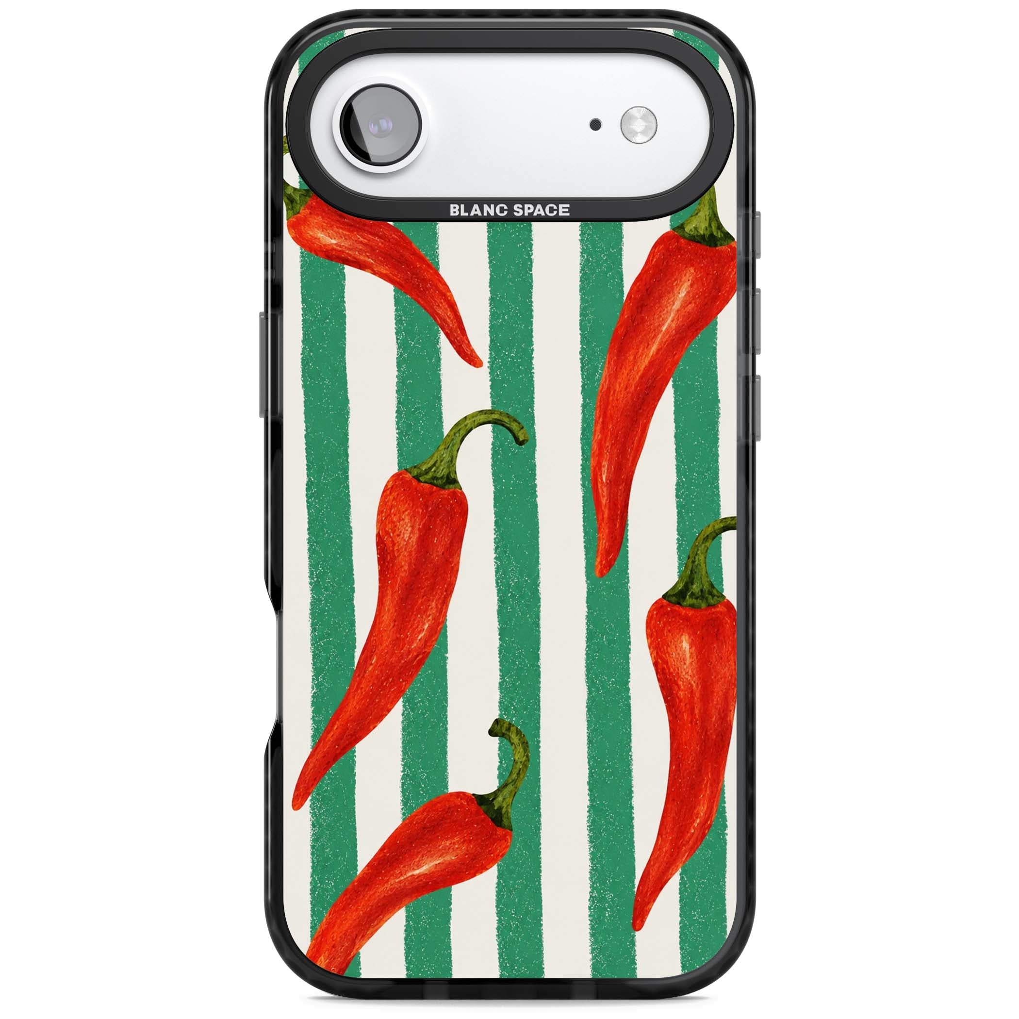 Striped Chillis coastal iPhone case featuring hand-painted red chili peppers on green and cream stripes | Clear Impact case for iPhone Air