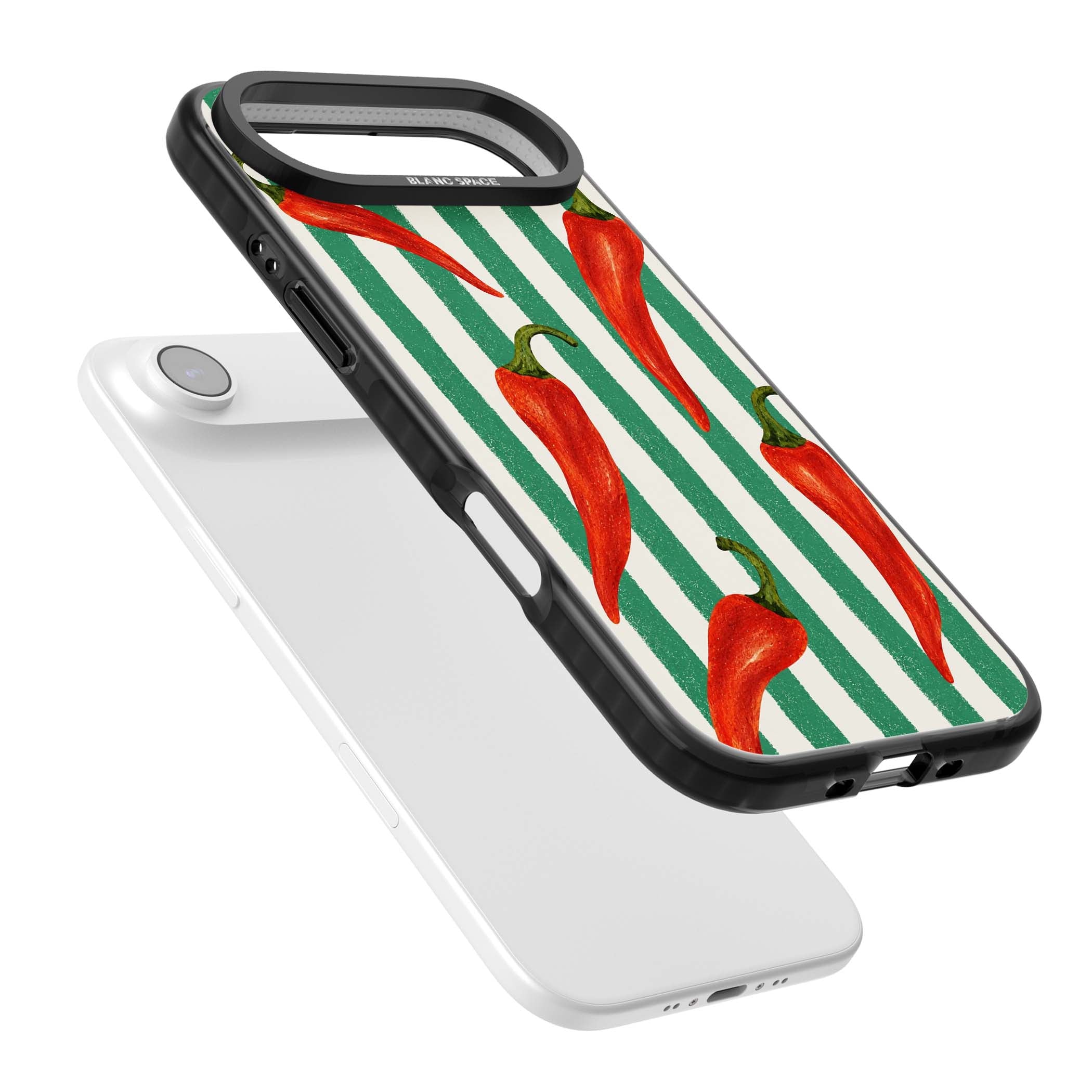 Striped Chillis coastal iPhone case featuring hand-painted red chili peppers on green and cream stripes | Clear Impact case for iPhone Air
