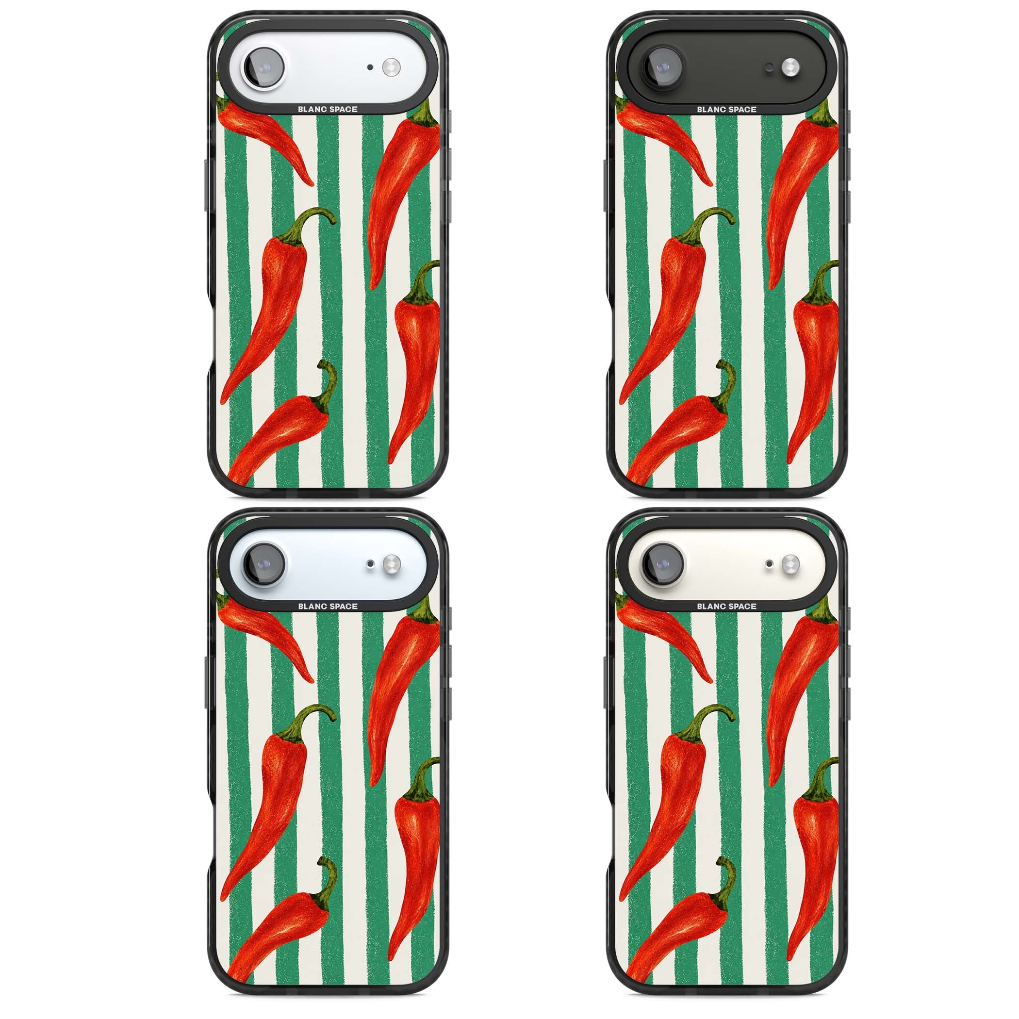 Striped Chillis coastal iPhone case featuring hand-painted red chili peppers on green and cream stripes | Clear Impact case for iPhone Air