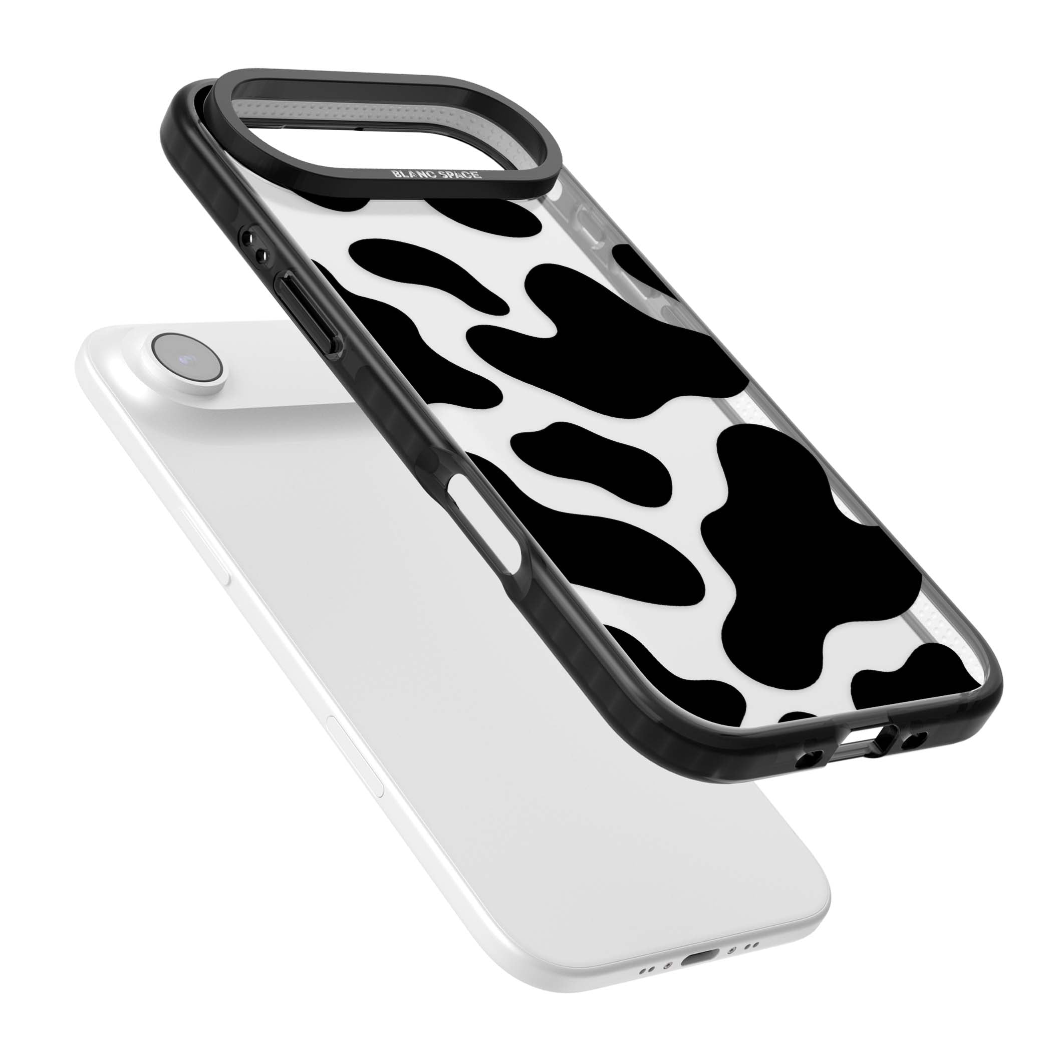 Clear Cow Print cow print iPhone case featuring black and white cow pattern splotches on a clear background | Clear Impact case for iPhone Air