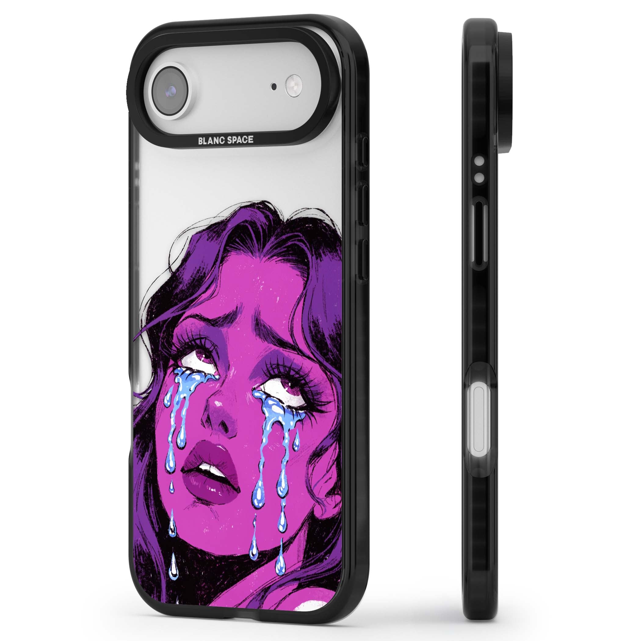 Drama Queen pop art iPhone case featuring a purple crying comic girl with blue tears | Clear Impact case for iPhone Air