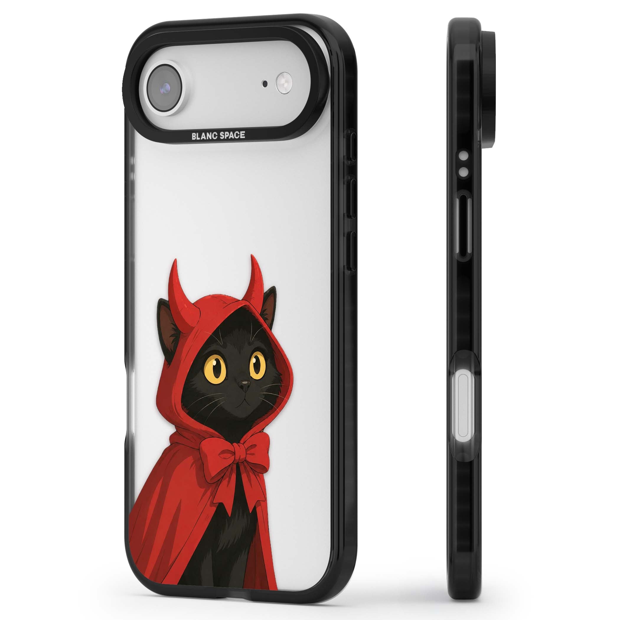 Little Devil halloween iPhone case featuring a black cat in a red hooded devil cloak with horns and golden eyes | Clear Impact case for iPhone Air