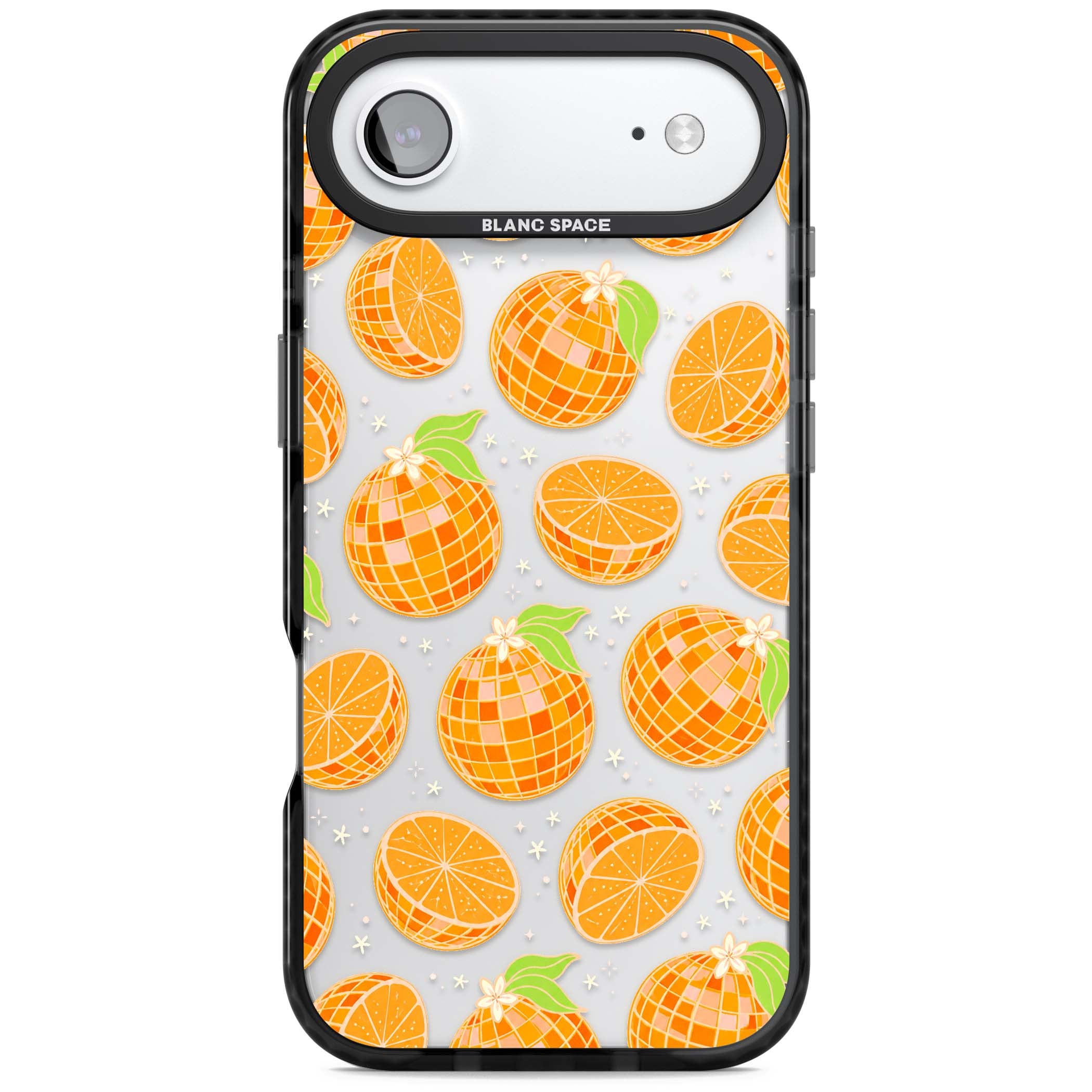 Disco Oranges retro iPhone case featuring mirrorball oranges, citrus slices and tiny blossoms on clear | Clear Impact case for iPhone Air