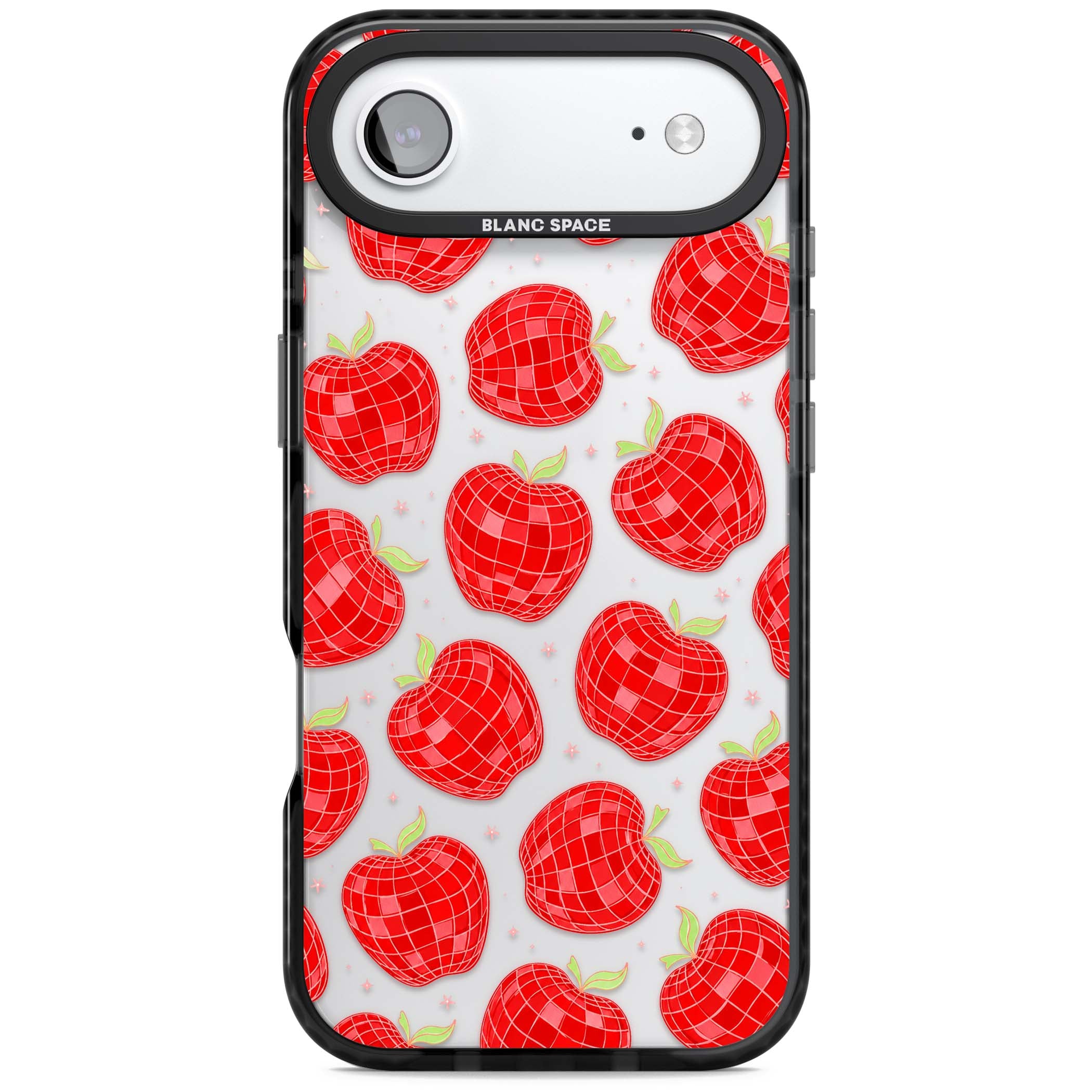 Disco Apples Y2K iPhone case featuring red disco ball apples, green leaves and pink sparkles on clear | Clear Impact case for iPhone Air
