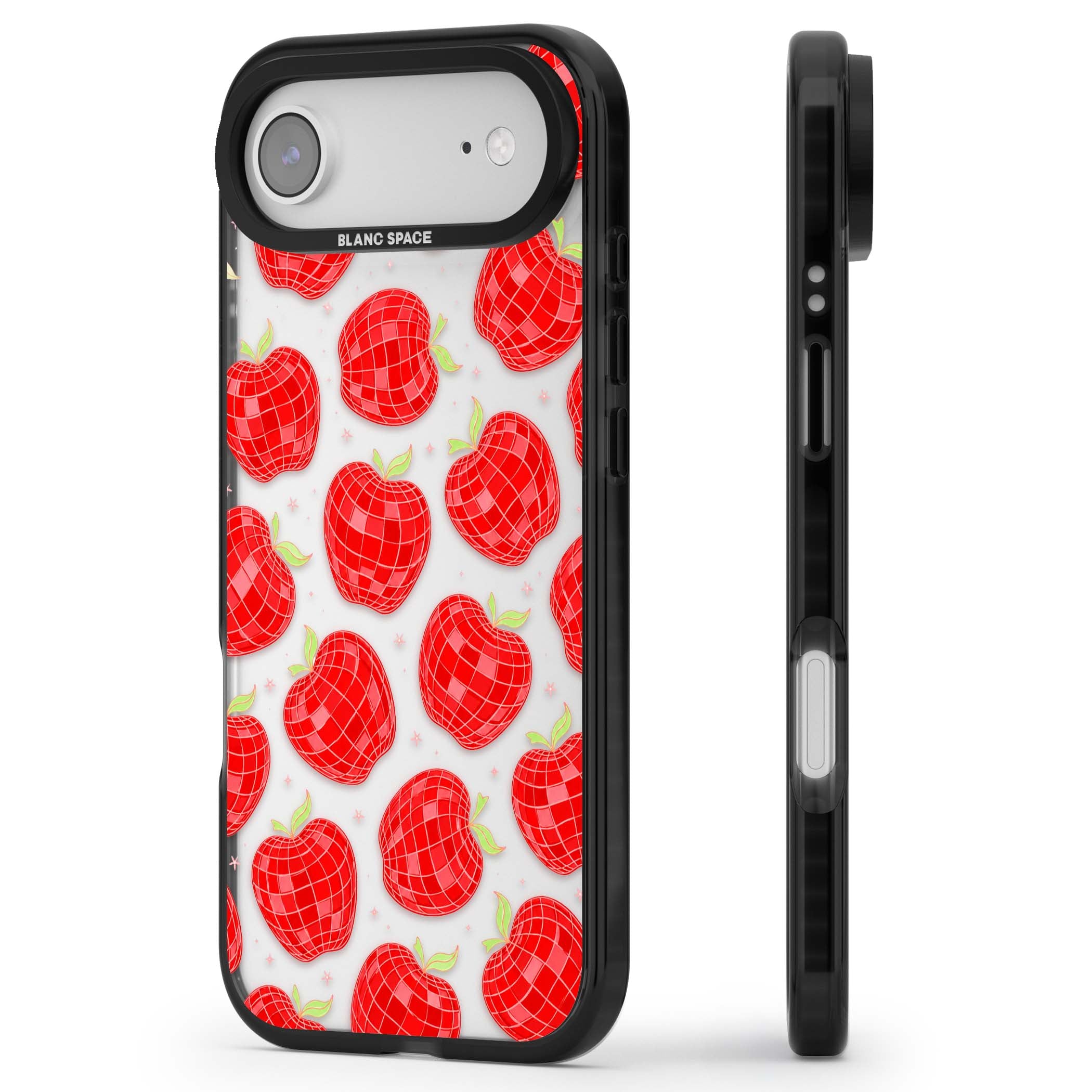 Disco Apples Y2K iPhone case featuring red disco ball apples, green leaves and pink sparkles on clear | Clear Impact case for iPhone Air