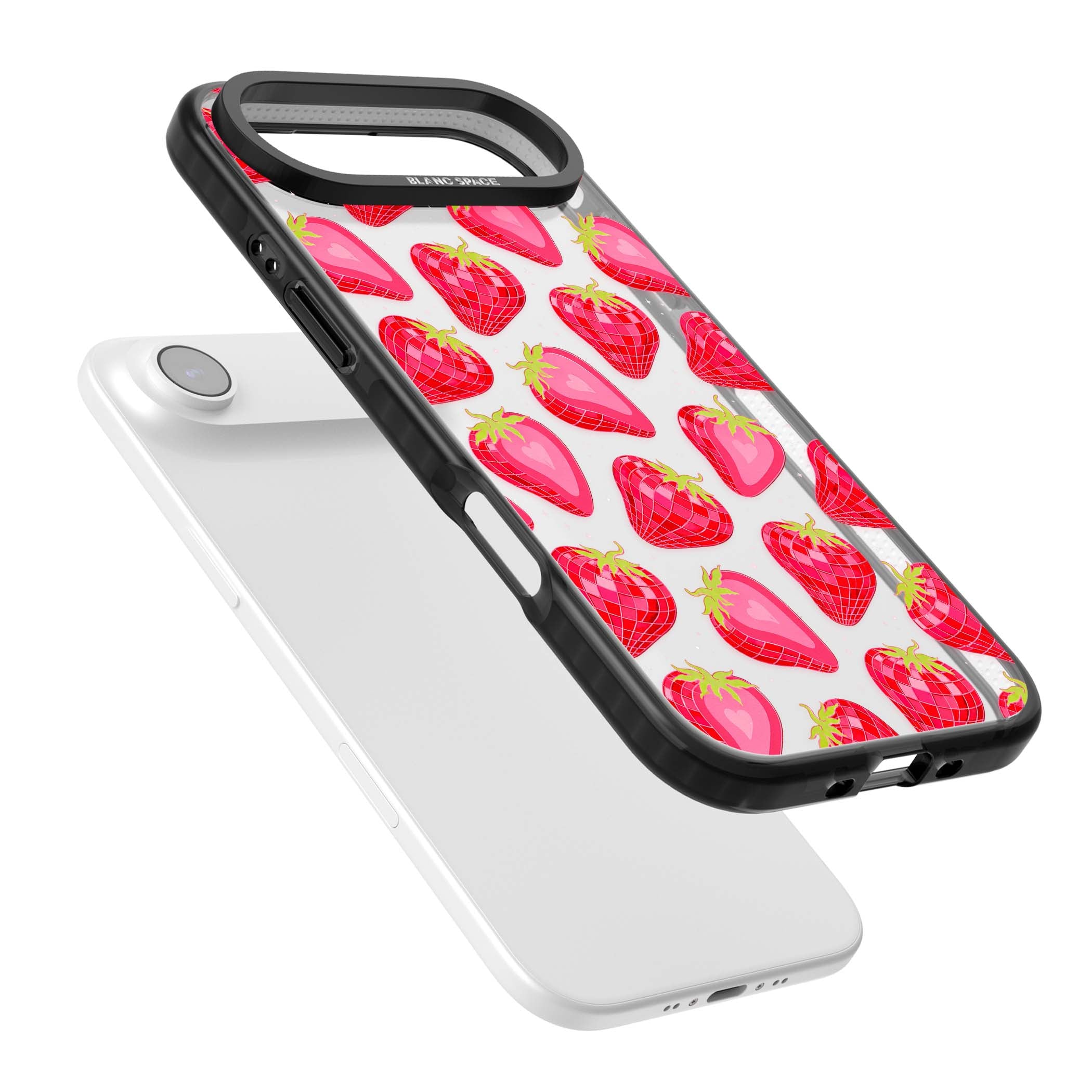Disco Strawberry Y2K iPhone case featuring pink disco-ball strawberries, green leaves and tiny sparkles | Clear Impact case for iPhone Air