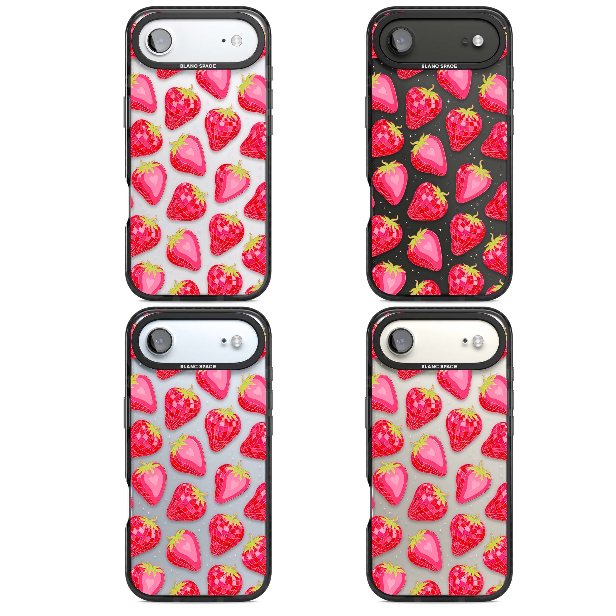 Disco Strawberry Y2K iPhone case featuring pink disco-ball strawberries, green leaves and tiny sparkles | Clear Impact case for iPhone Air