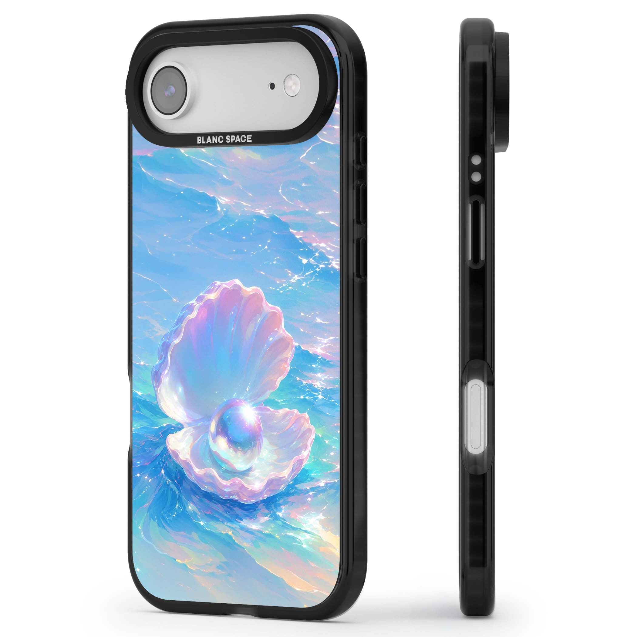 The Pearl Clam mermaidcore iPhone case featuring iridescent seashell, glowing pearl and pastel ocean waves | Clear Impact case for iPhone Air