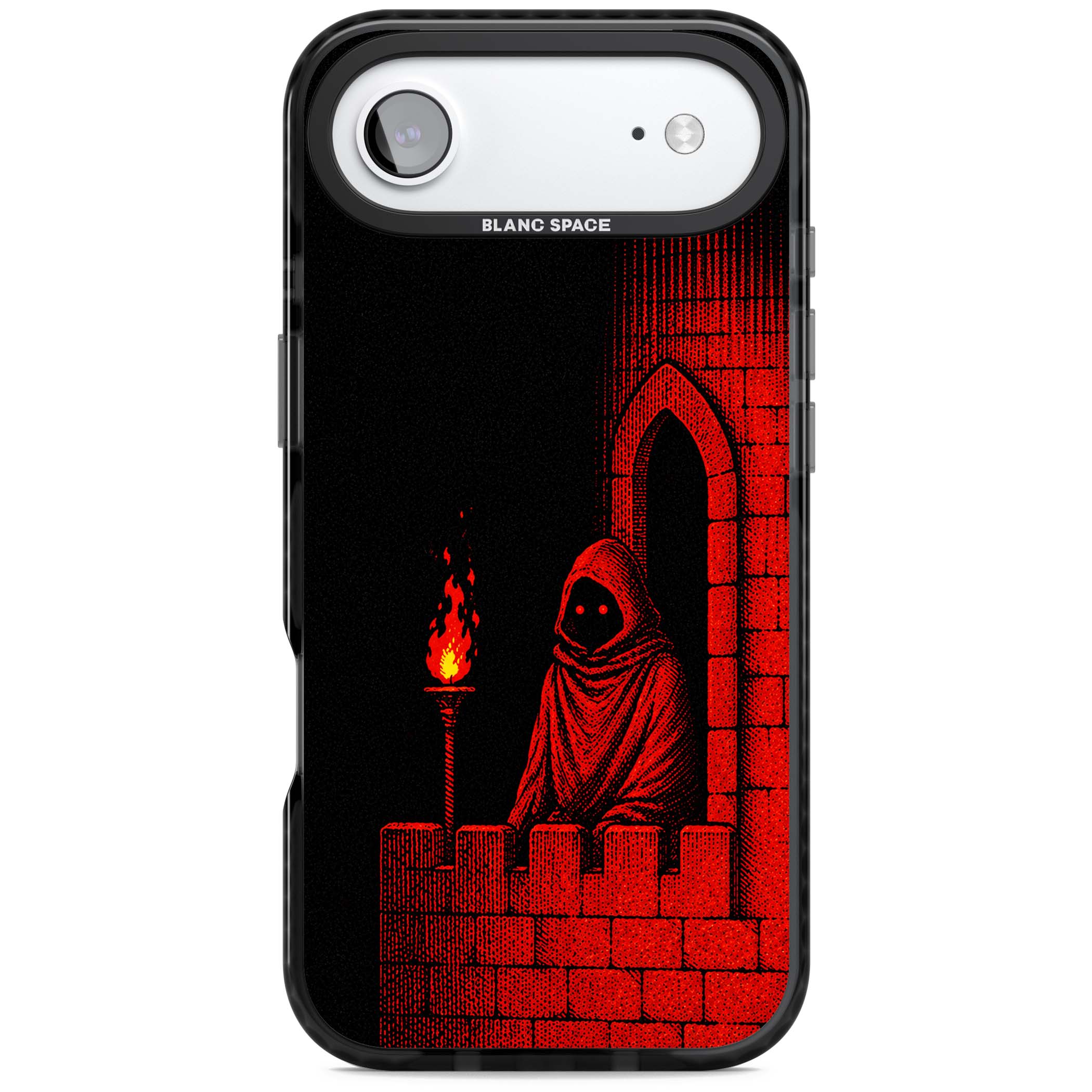 Crimson Crypt gothic iPhone case featuring a hooded reaper, torchlit crypt archway and red halftone horror art | Clear Impact case for iPhone Air