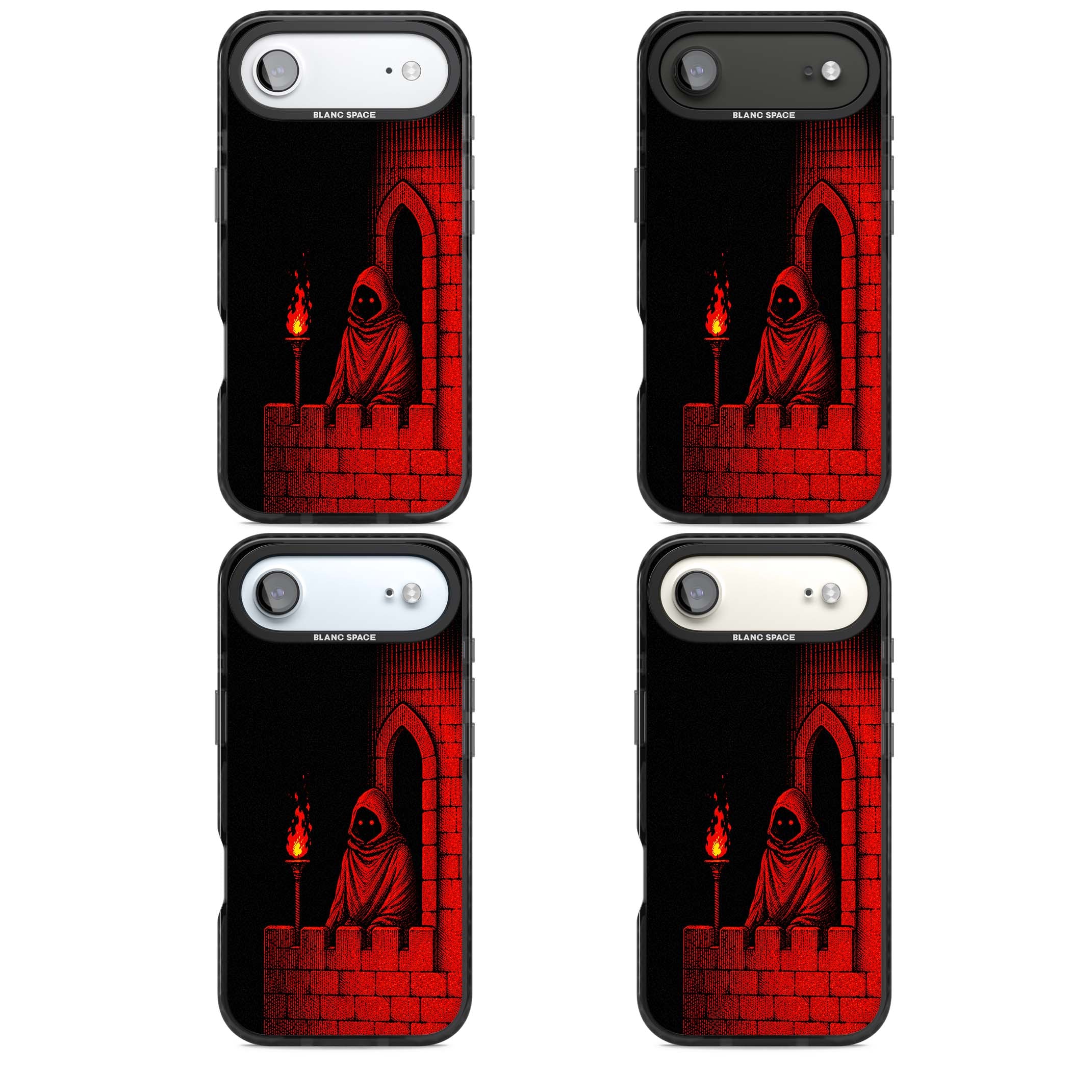 Crimson Crypt gothic iPhone case featuring a hooded reaper, torchlit crypt archway and red halftone horror art | Clear Impact case for iPhone Air