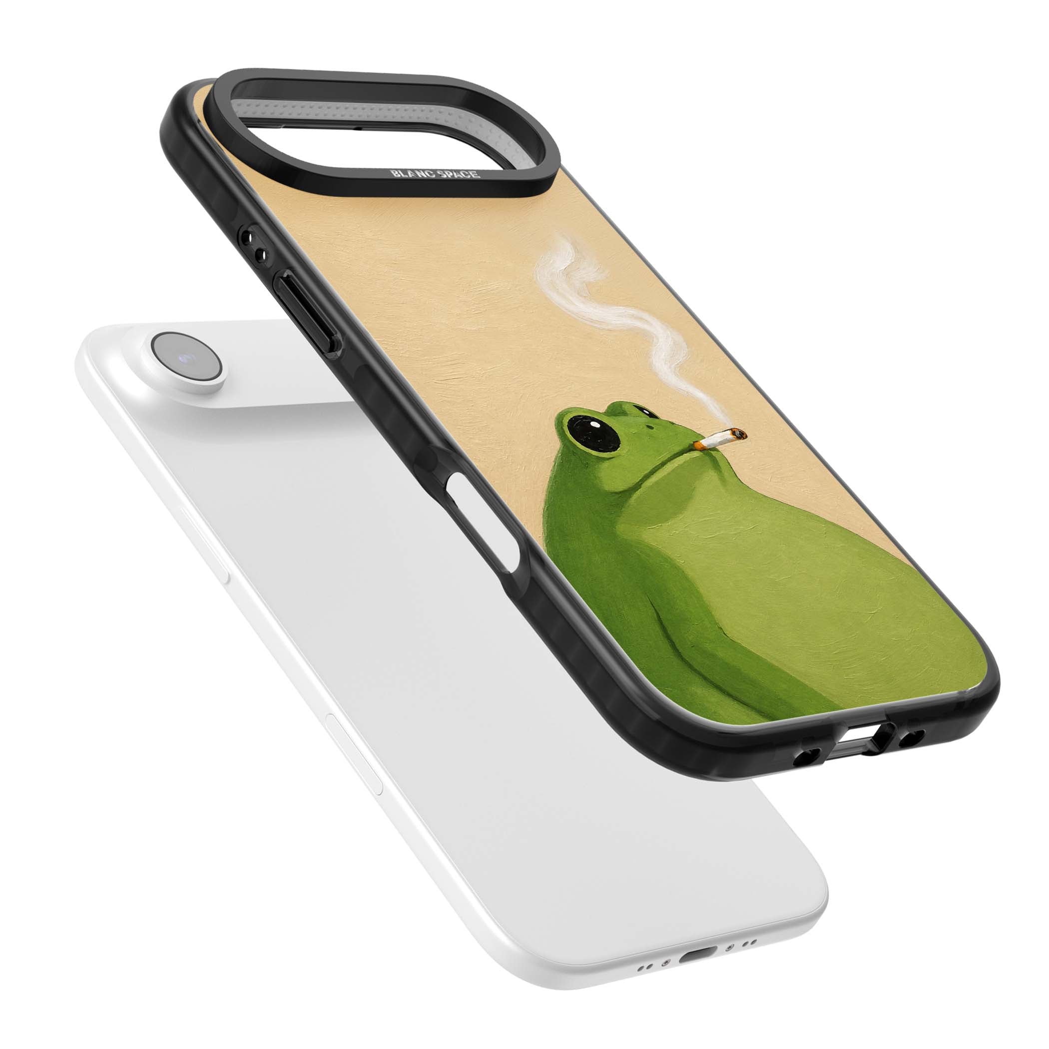 The Smoking Frog cottagecore iPhone case featuring a hand-painted green frog smoking a cigarette on a cream oil painting back | Clear Impact case for iPhone Air