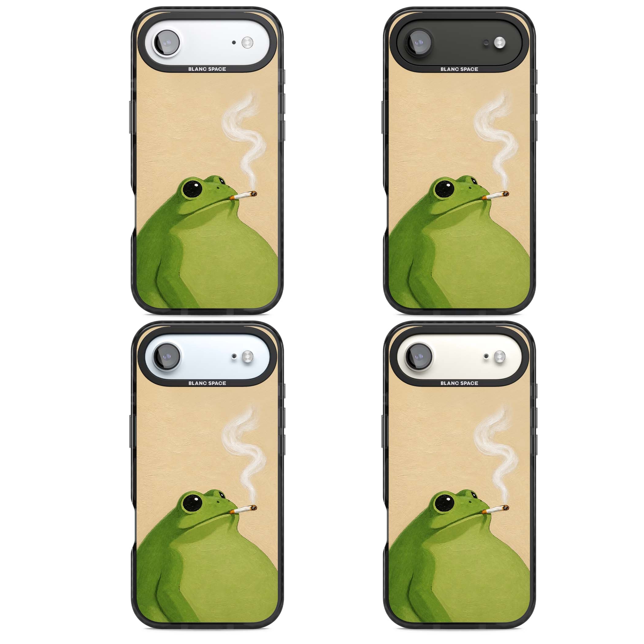 The Smoking Frog cottagecore iPhone case featuring a hand-painted green frog smoking a cigarette on a cream oil painting back | Clear Impact case for iPhone Air