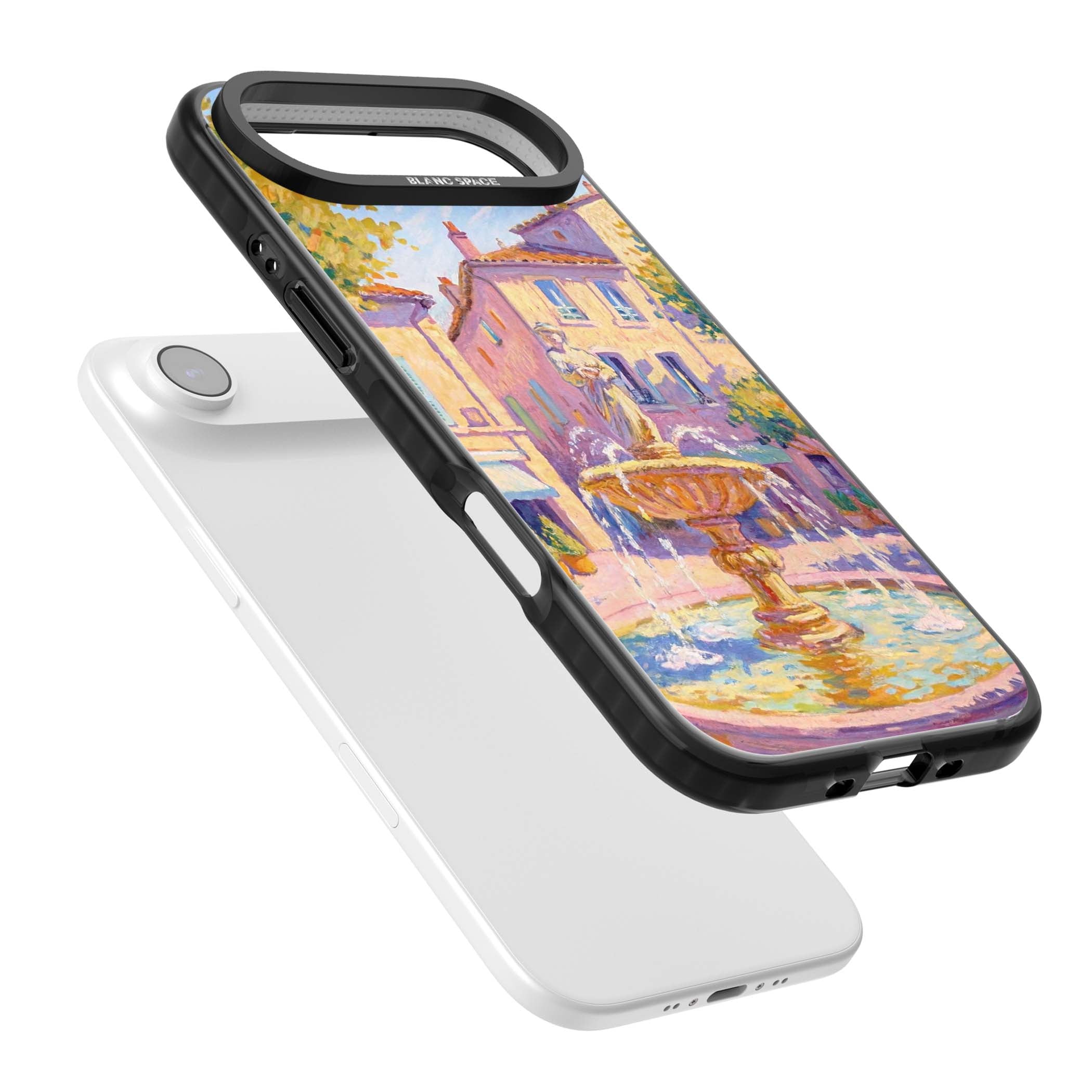 Fountain Square fine art iPhone case featuring an impressionist Provençal fountain, pastel village buildings and summe | Clear Impact case for iPhone Air