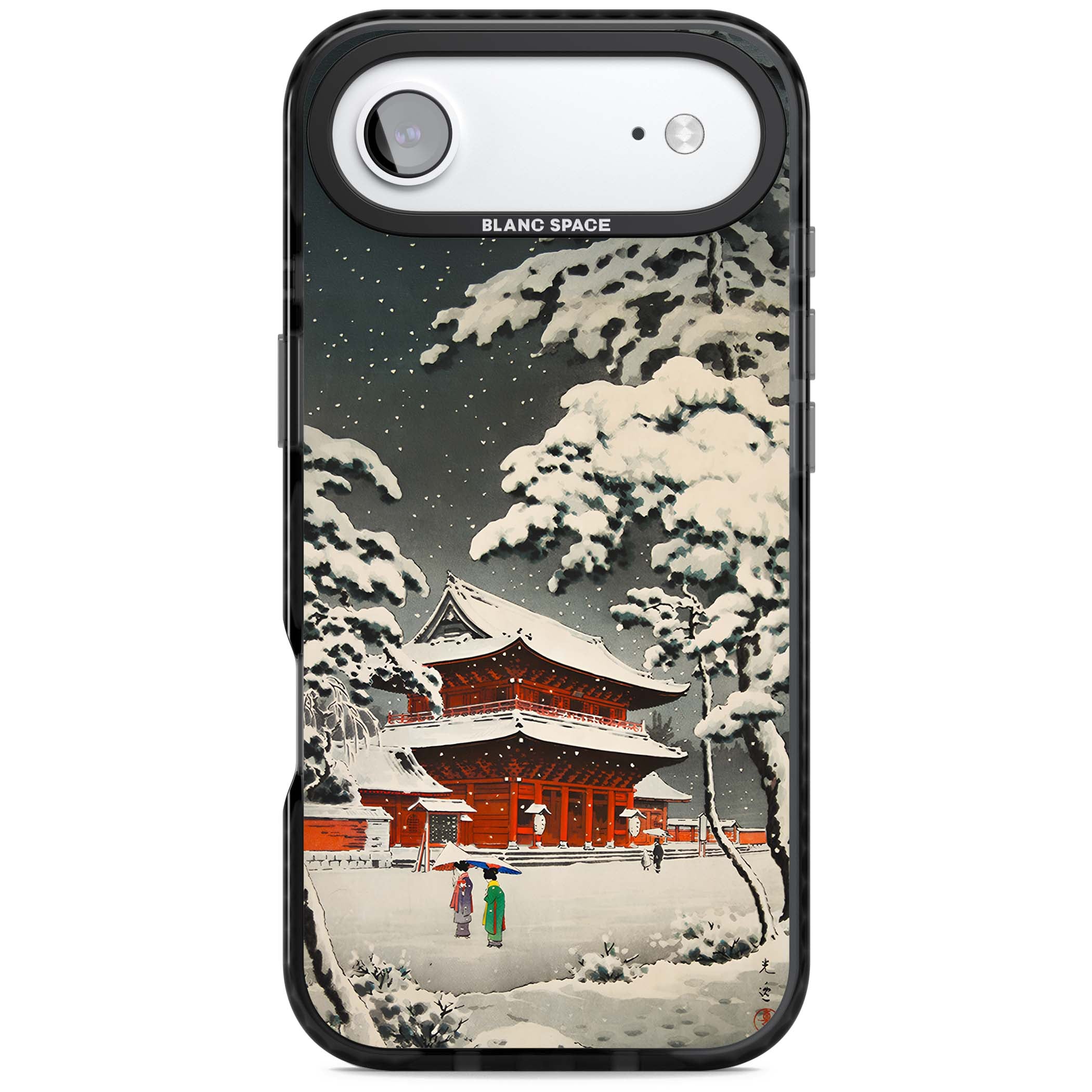 Snow at Shiha Park, Tokyo Japanese art iPhone case featuring a vintage ukiyo-e snowy temple, red pagoda, and snow-covered pin | Clear Impact case for iPhone Air
