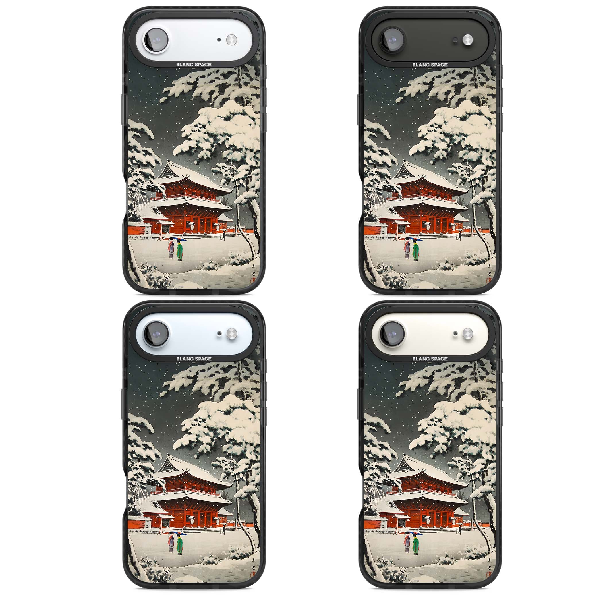 Snow at Shiha Park, Tokyo Japanese art iPhone case featuring a vintage ukiyo-e snowy temple, red pagoda, and snow-covered pin | Clear Impact case for iPhone Air