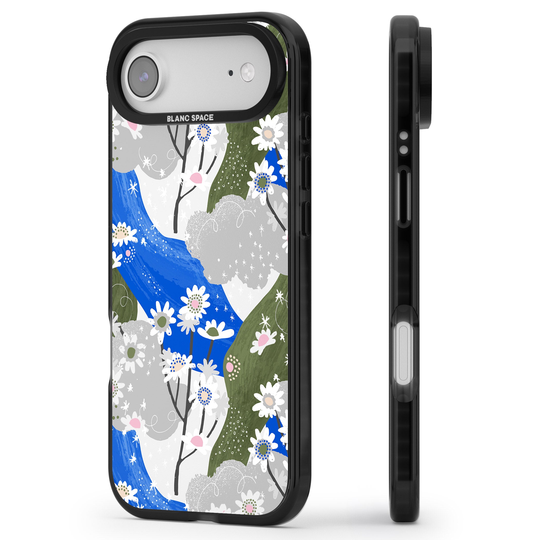 Blue & Grey Daisies Pattern iPhone 17 Air Impact Pro Black Phone Case Side Profile