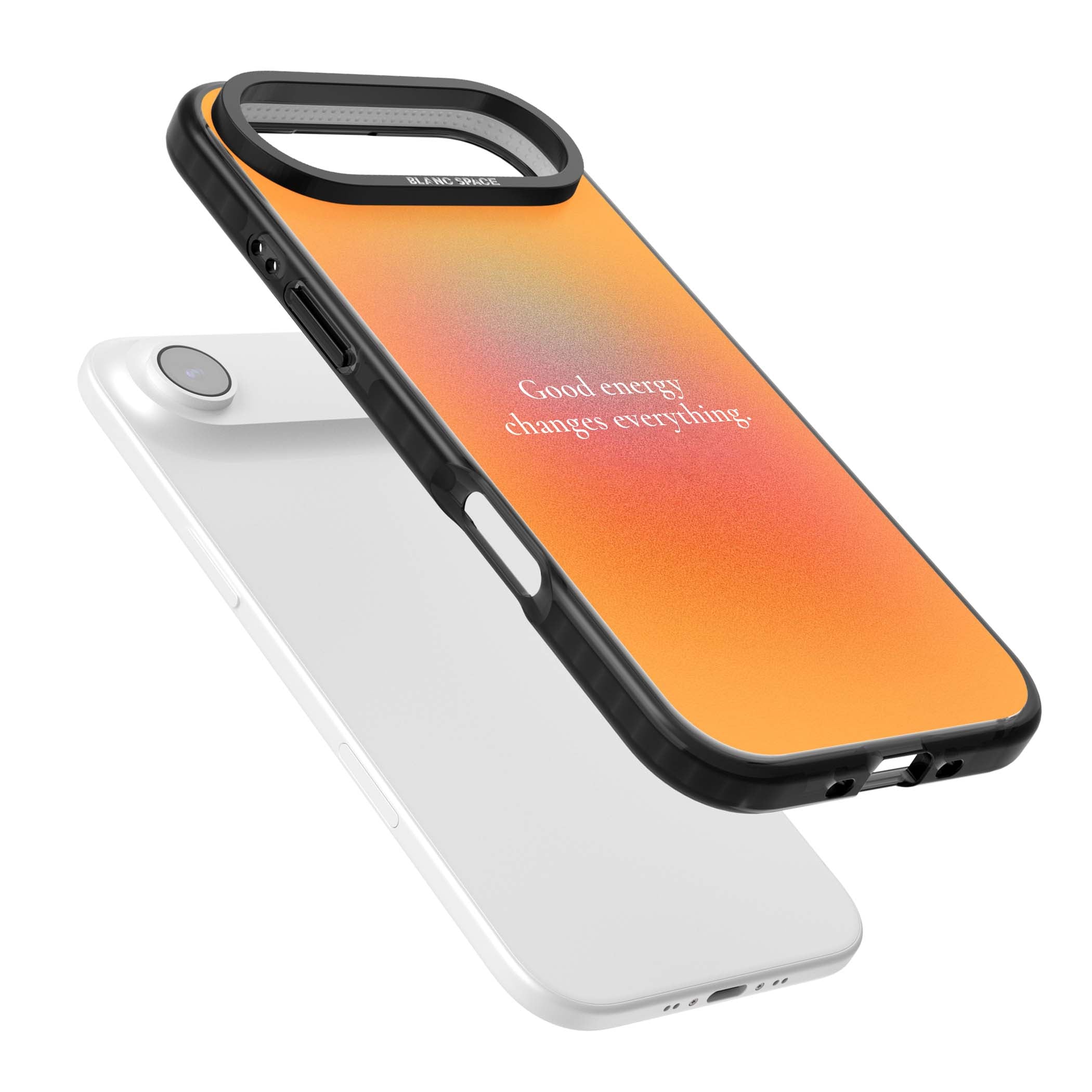Good Energy quote iPhone case featuring an orange and pink aura gradient with white serif affirmation text | Black Impact Magsafe case for iPhone Air